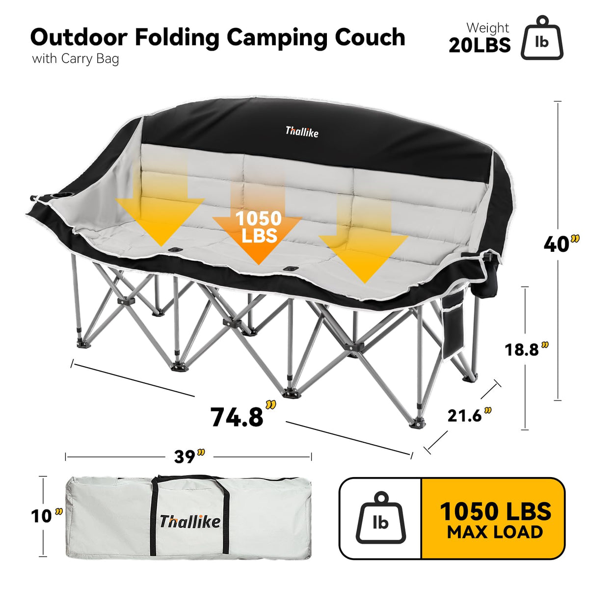 Thallike Double Camping Chair – 2-3 Person Outdoor Folding Sofa with Cup & Wine Glass Holders – Oversized Loveseat Camping Couch for Campfire, RV, Backyard – Supports Up to 1050 lbs