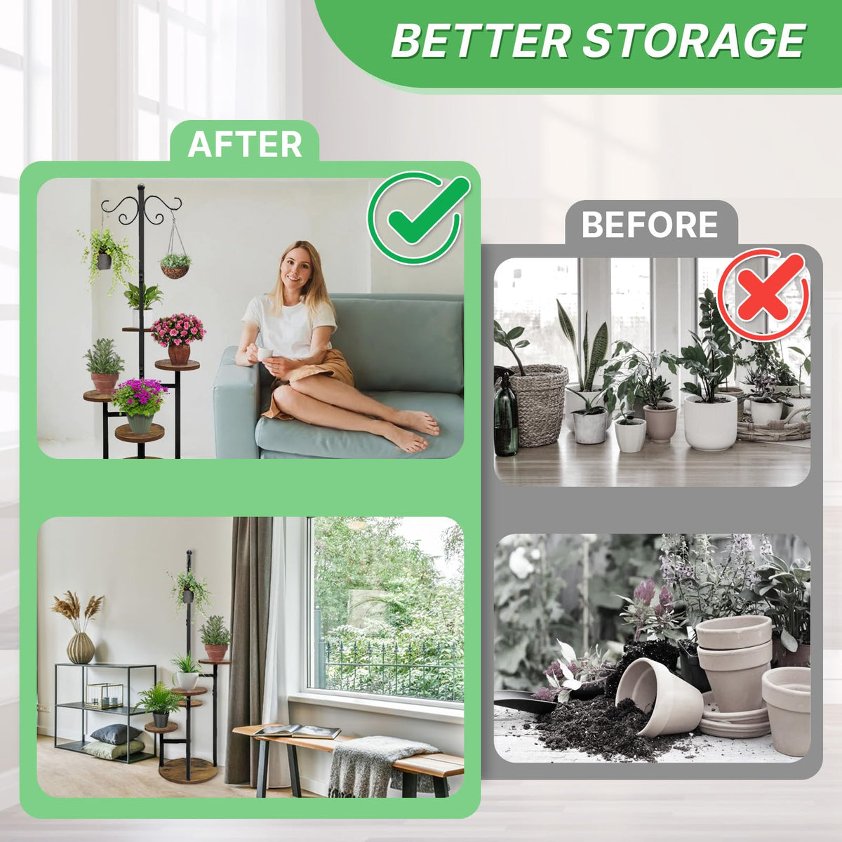 Plant Stand Indoor Outdoor, 4 Tier Hanging Plant Stands, Multiple Plant Display Rack Flower Pot Stand,61'' Tall Metal Plant Holder for Living Room Balcony Garden Patio Black