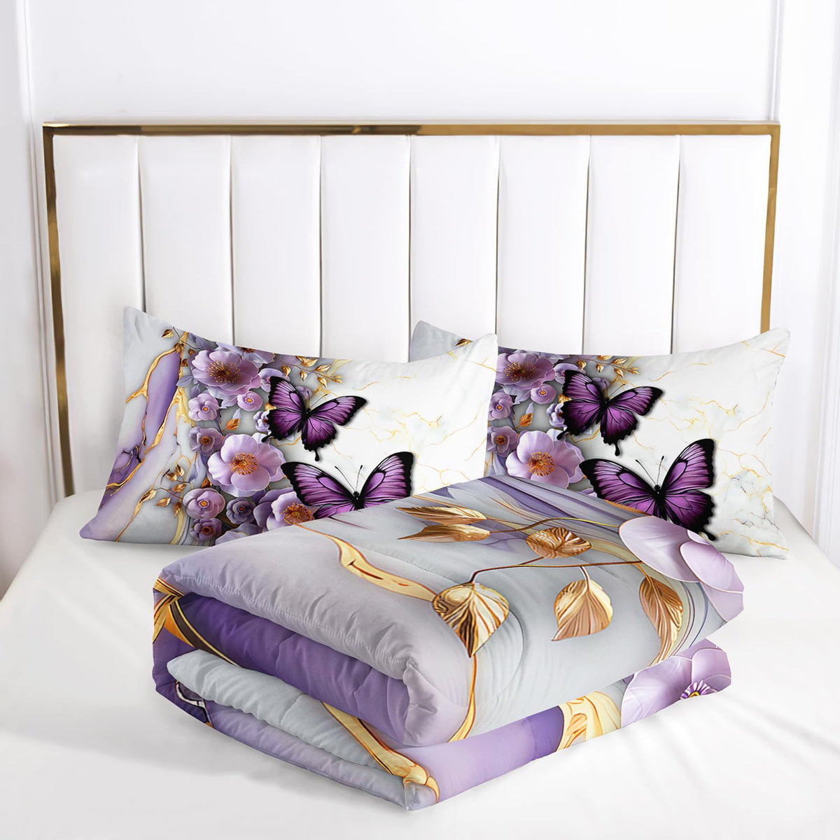 AILONEN Purple Floral Butterfly Comforter Set Twin Size,Gold White Marble Flower Bedding Set for Kids Girls Women,1 Quilt with 2 Pillowcases-3 Pieces