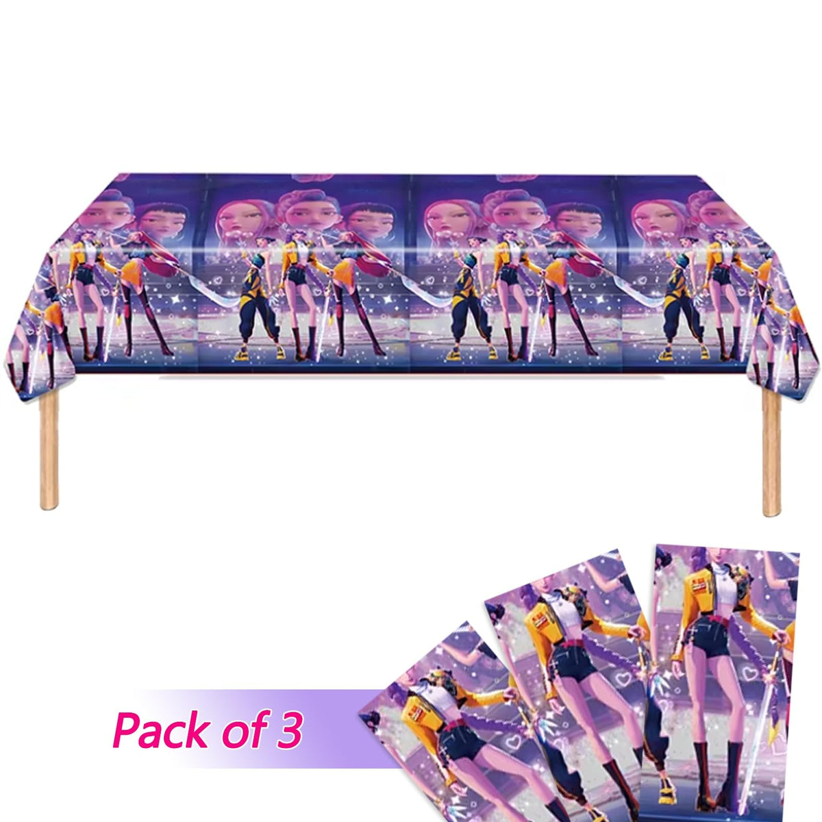 Luckyliz Demon Movie Hunters Table Cloths - 3 Korean Idol Singer Musical Table Cover Disposable Plastic Waterproof Tablecloths Purple Cartoon Party Supplies for Boys Girls Fans Concert Birthday Party