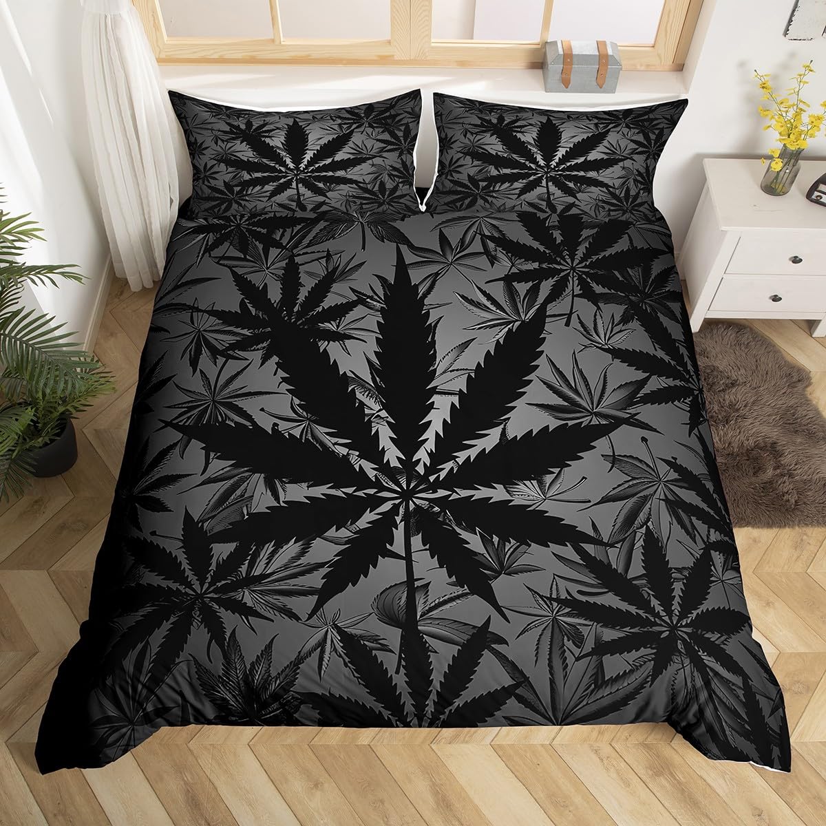 Erosebridal Leaf Bedding Set for Kids Boys Girls Teens,Neon Leaves Duvet Cover Queen,Leaf Bed Sets Lightweight,Botanical Plants Quilt Cover with 2 Pillowcases