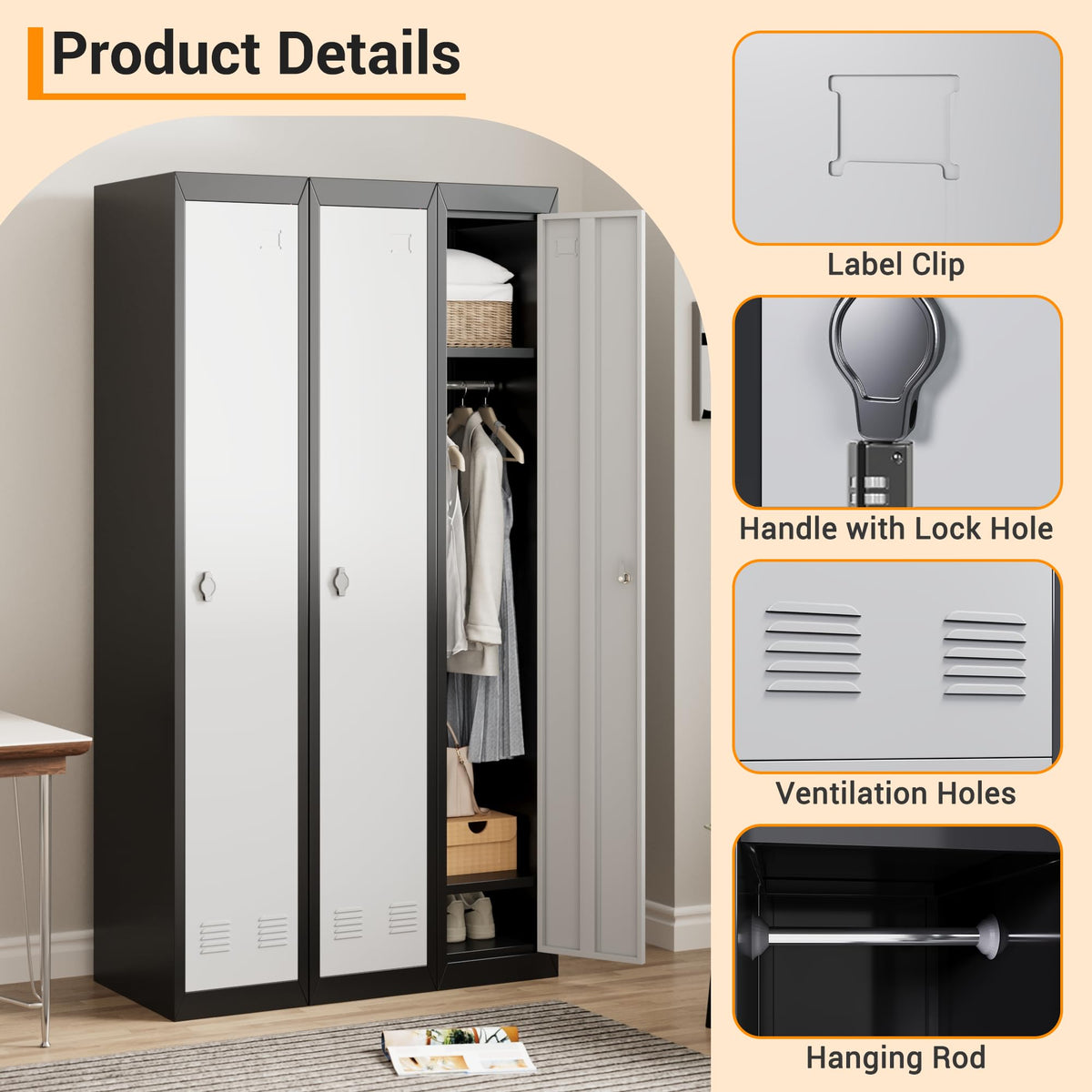 Metal Storage Locker, Single-Door Metal Storage Locker with Shelves, Ideal for Employees and Students, Suitable for Schools, Offices, Gyms, Homes, and More; Easy Assembly, Grey & Black