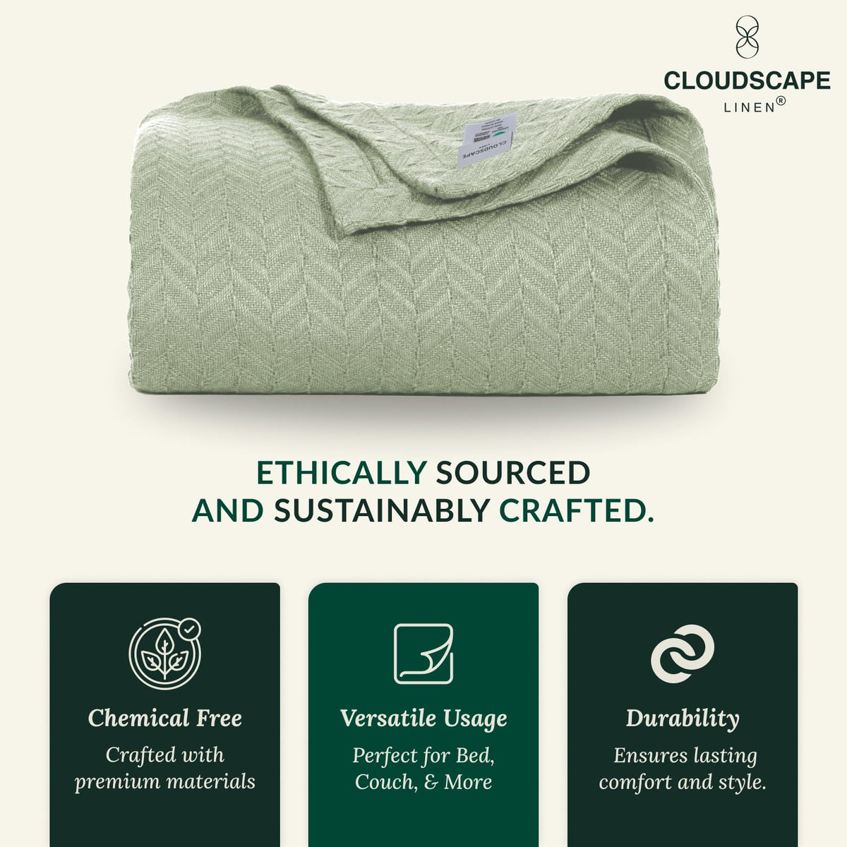 CLOUDSCAPE 100% Cotton King Size Blanket, Soft Herringbone Weave, 92"x108", Fits Upto Cal King, Breathable Lightweight Summer King Cotton Blanket for Adults, All Season Blankets - Seafoam