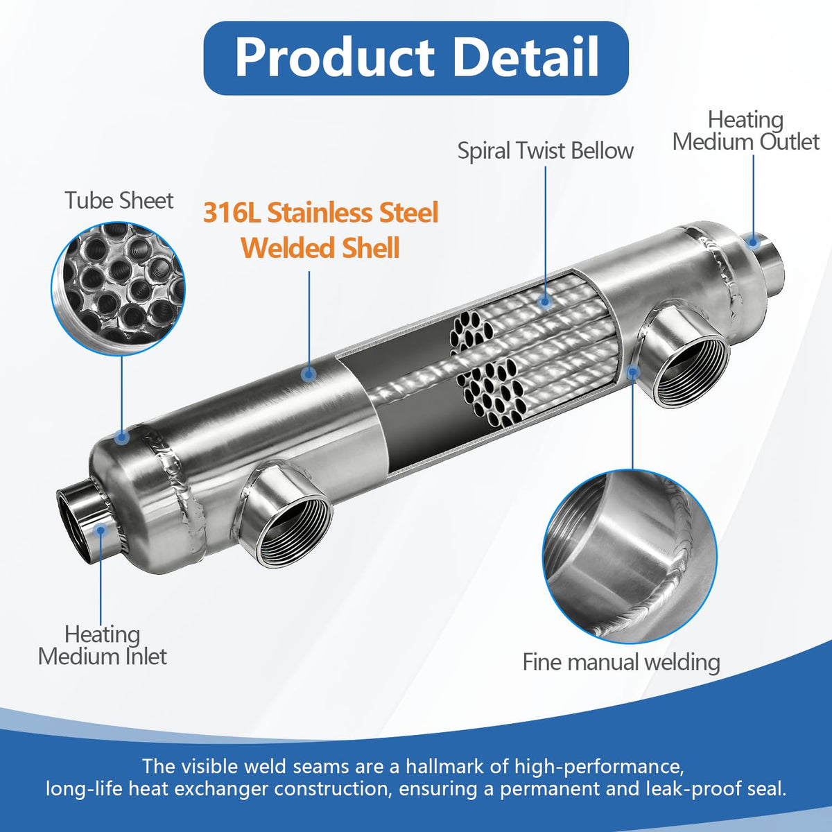 AB Pool Heat Exchanger 155kBtu Stainless Steel 316L Same Side Ports 1 1/2" & 1" FPT for 11,900 Gallon for Spa/Solar/Pool Heating
