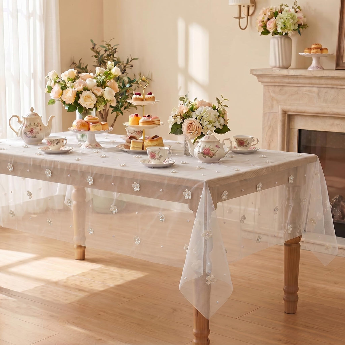 Horaldaily Beige Flower Pearl Beige Gauze Table Cloth 60×84 Inch Rectangular, Seasonal Sheer Tulle Cheesecloth, Bridal Shower Table Cover for Wedding Birthday Table Decor