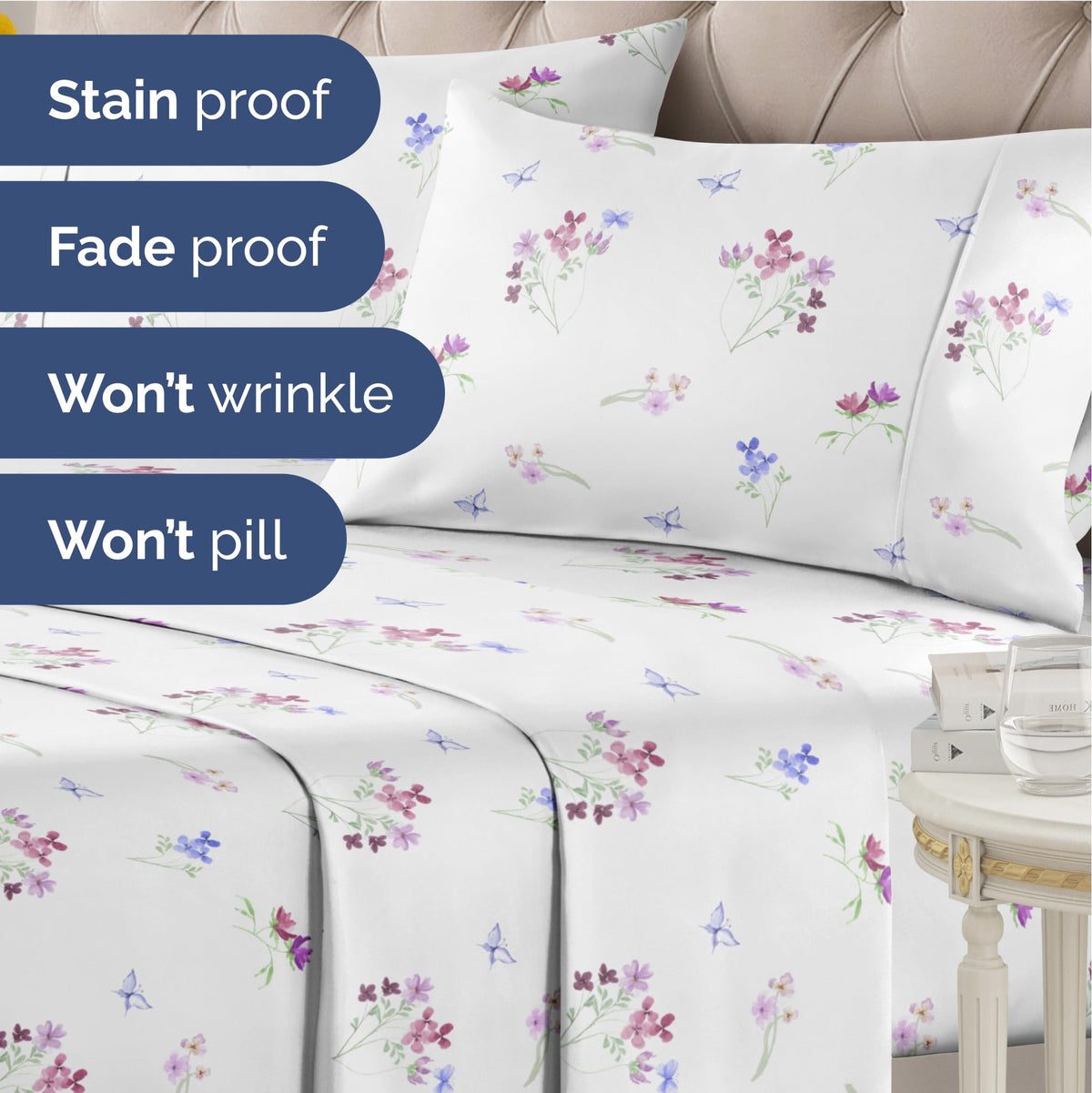 Floral Sheets - Butterfly Floral Bed Sheet Set - 1 Flat, 1 Fitted & 2 Pillowcases w/ Deep Pockets - Wrinkle & Fade Free - Boho Botanical Bedding - Ultra-Soft, Breathable and Cooling - King Size Set
