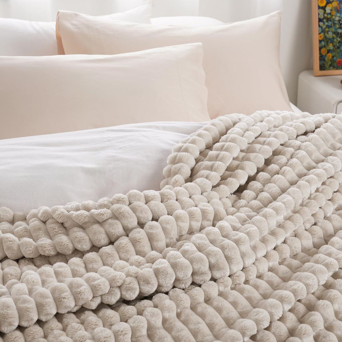 PHF Luxury Soft Fleece Blanket Queen Size, No Shed No Pilling, 380GSM Fluffy Cozy Throw Blankets for Bed, 90"x90", Lightweight Warm Bedding for Home Decor, Ideal Gift for Women, Oak