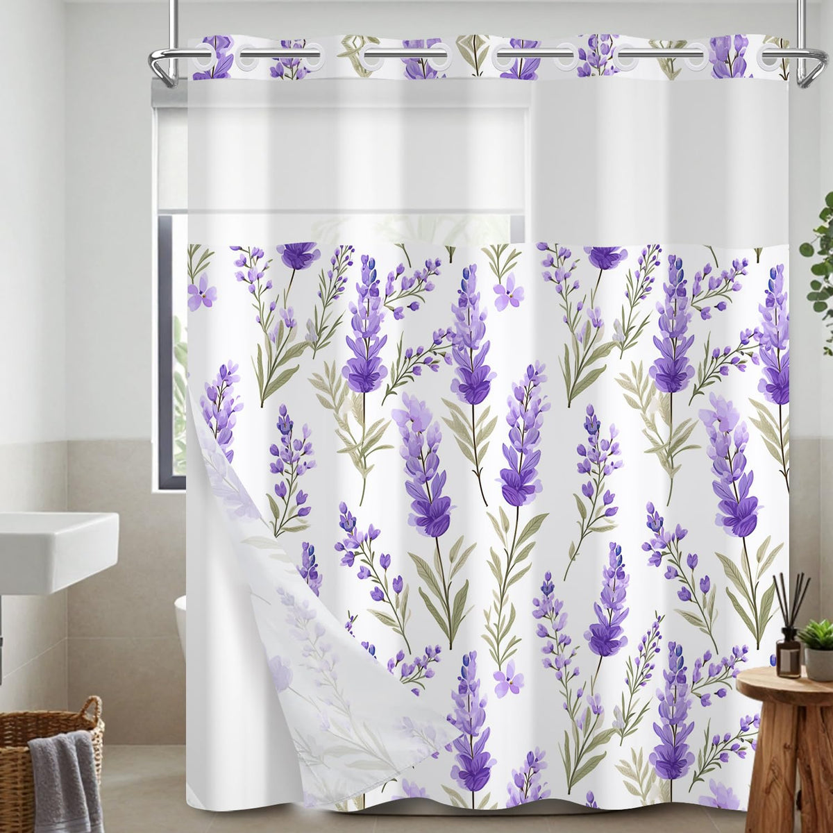 Leowefowa No Hook Shower Curtain and Waterproof Liner Set, Lavender Botanical Bath Curtain, Purple Watercolor Print, Light Fabric Bathroom Curtain with See Through Mesh Top Window, 71x74 Inch