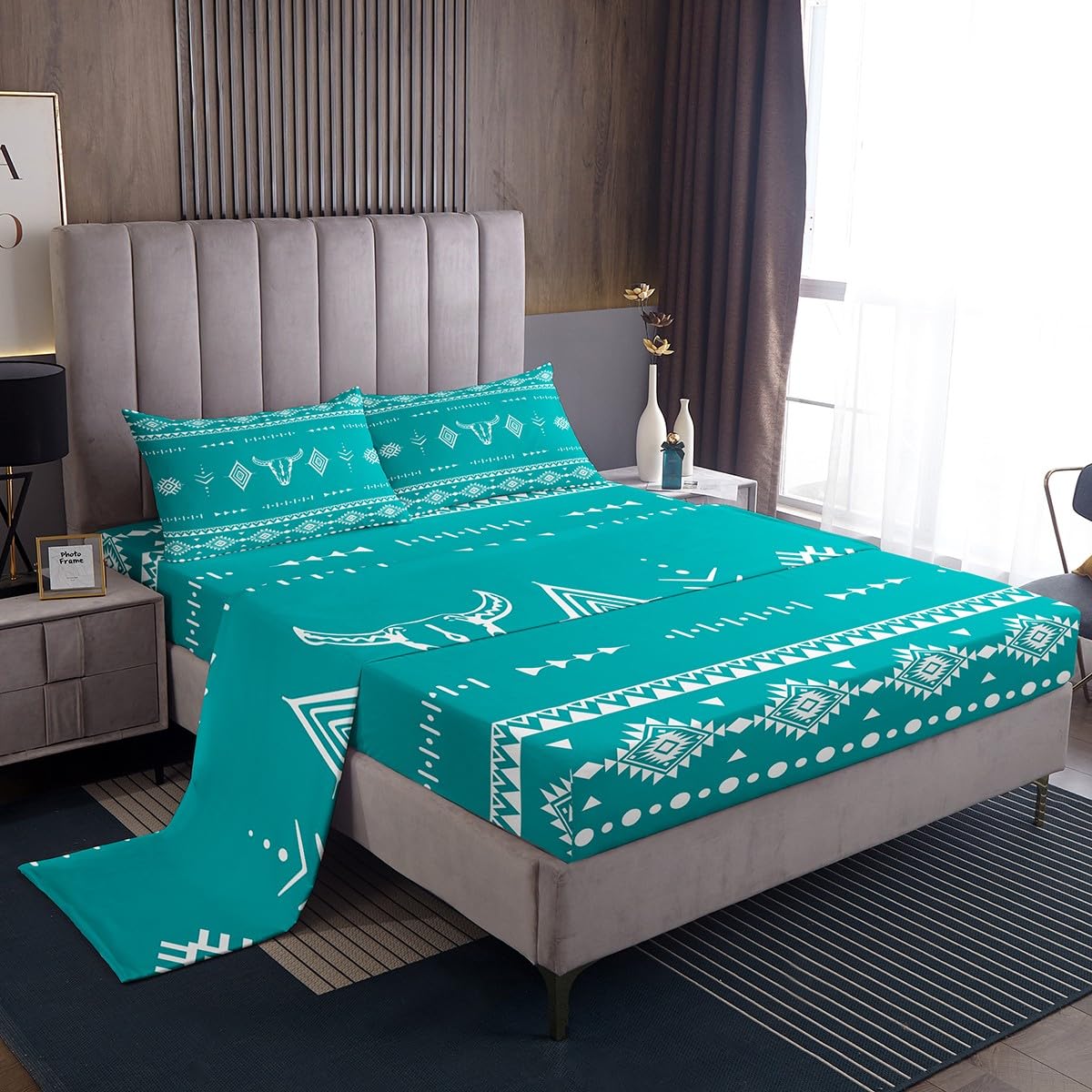 Erosebridal Bull Skull Full Size Bed Sheets Set, Western Cowboy Flat Fitted Sheet for Boys Girls Men Women Room Decor, Southwestern Native Bedding Set, Boho Aztec Ethnic Horns Bed Sets