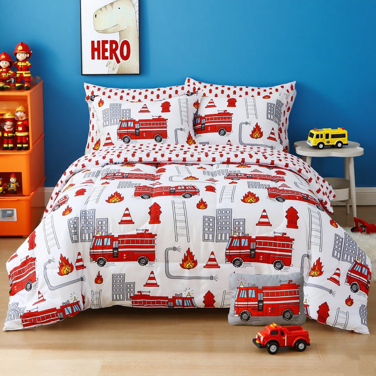 Mooreeke Kids Twin Comforter Sets for Boys 6 Pieces Fire Truck White Bedding Set for Teens Soft Microfiber Kids Bed in A Bag with Comforter, Sheet Set, Shams and Decorative Toy Pillow All Season