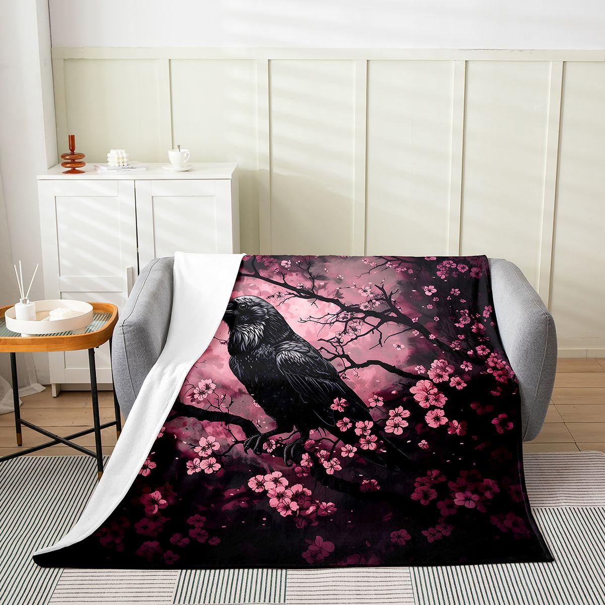 Feelyou Crow Plush Throw Blanket Halloween Themed Flannel Blanket 40"x50" Cherry Blossoms All Season Trick or Treat for Couch Bed Sofa Goth Bedroom Decor