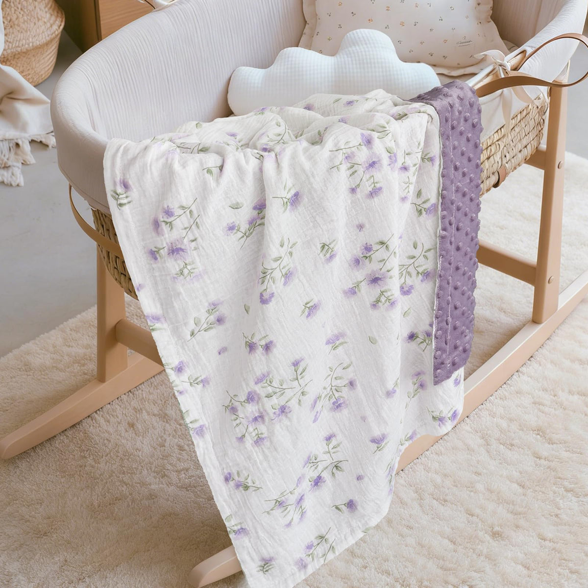 BOPRIO Baby Blankets for Unisex Boys Girls Super Soft Nursery Minky Blankets with Breathable Muslin Cotton Front and 3D Touch Dotted Fleece Backing, Floral Printed Bed Throws Newborn 30 x 40 Inch