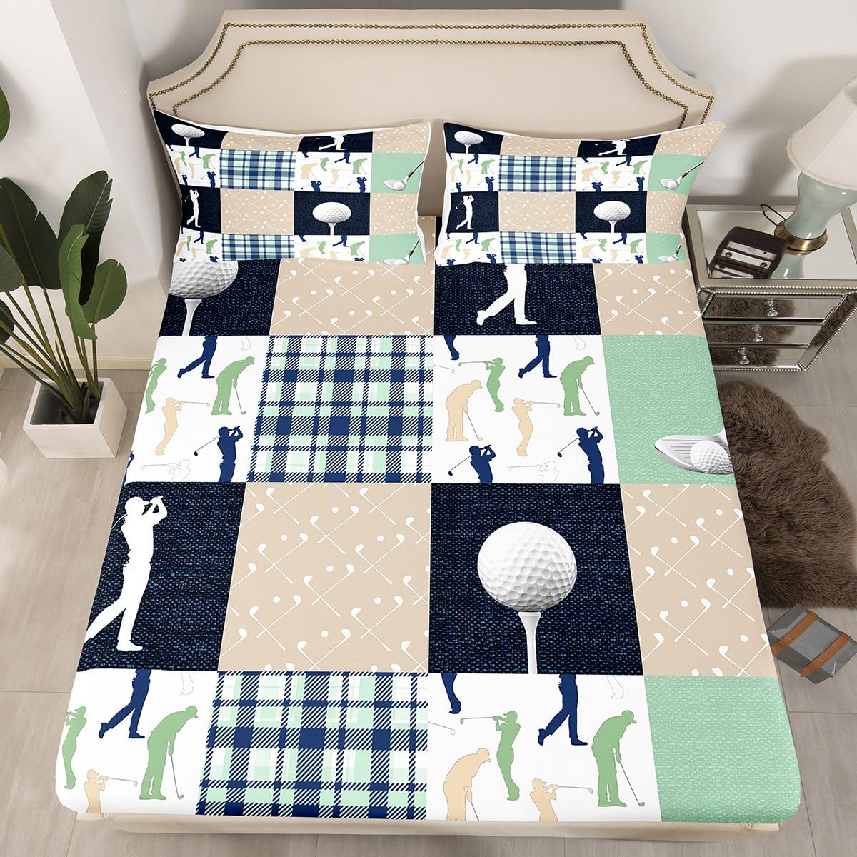 Castle Fairy Golf Plaid Bed Sheet Set Twin Size,Kids Ball Sports Lover Style Sheet Set Room Decor,Green Buffalo Grid Geometric Bedding Set for Boys Teens,(1 Fitted+1 Flat+1 Pillowcase)
