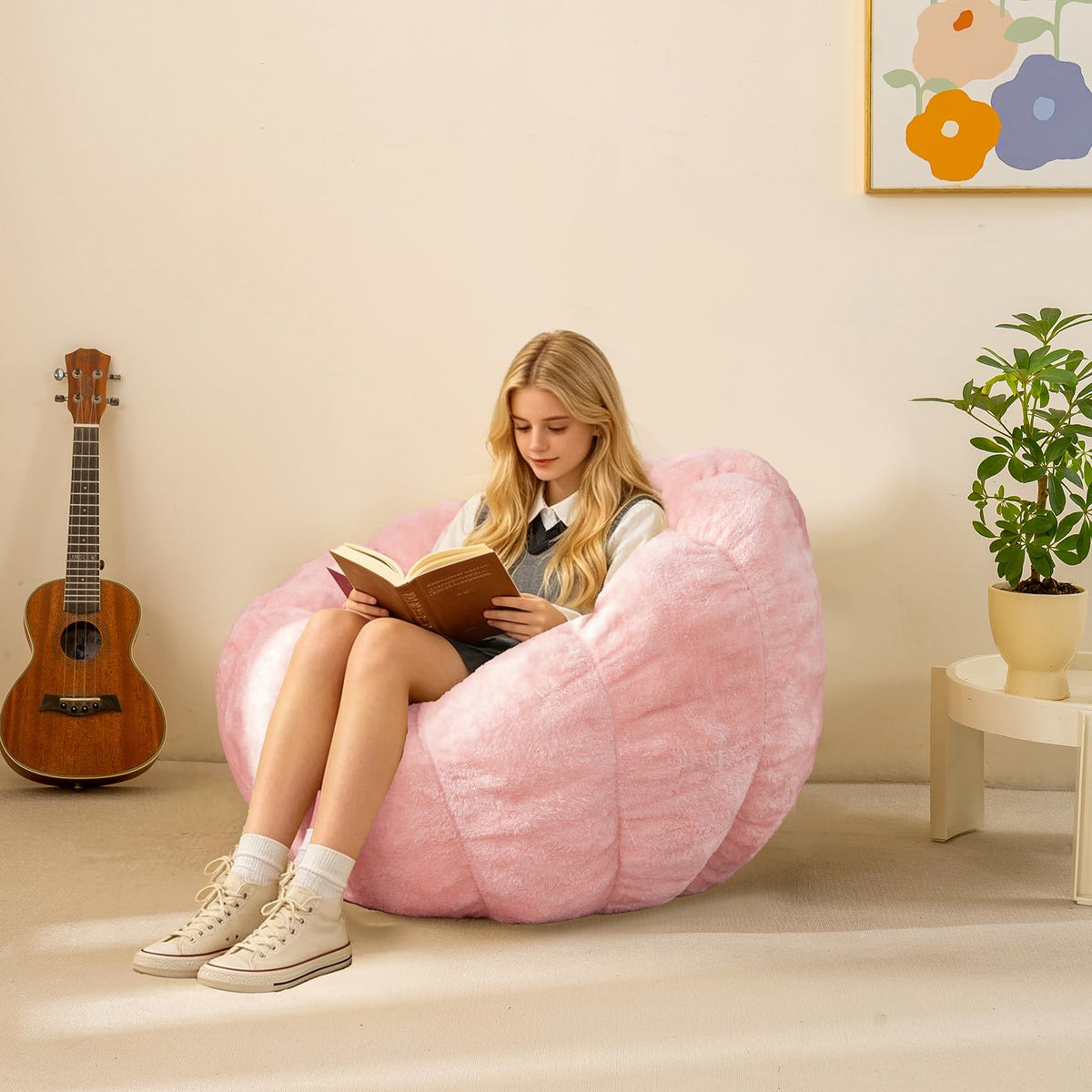 IEVENW Pumpkin Bean Bag Sofa Chair, Bean Bag Chair with Filler for Teens, Kids, Toddler, Comfy and Lazy Sofa for Dorm, Apartment, Living Room and Bedroom, Pink