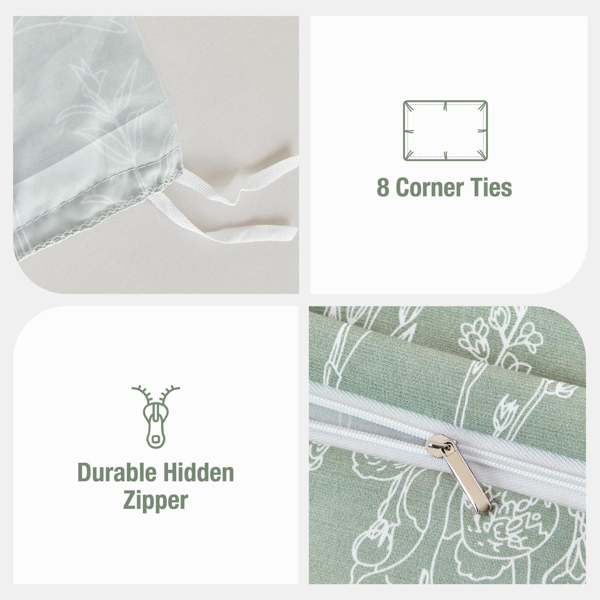 Lekesky Floral Duvet Cover King Size, Sage Green Duvet Cover King Plant Flowers Pattern Bedding Set for All Season, Soft Breathable Duvet Cover with Zipper Closure & Corner Ties