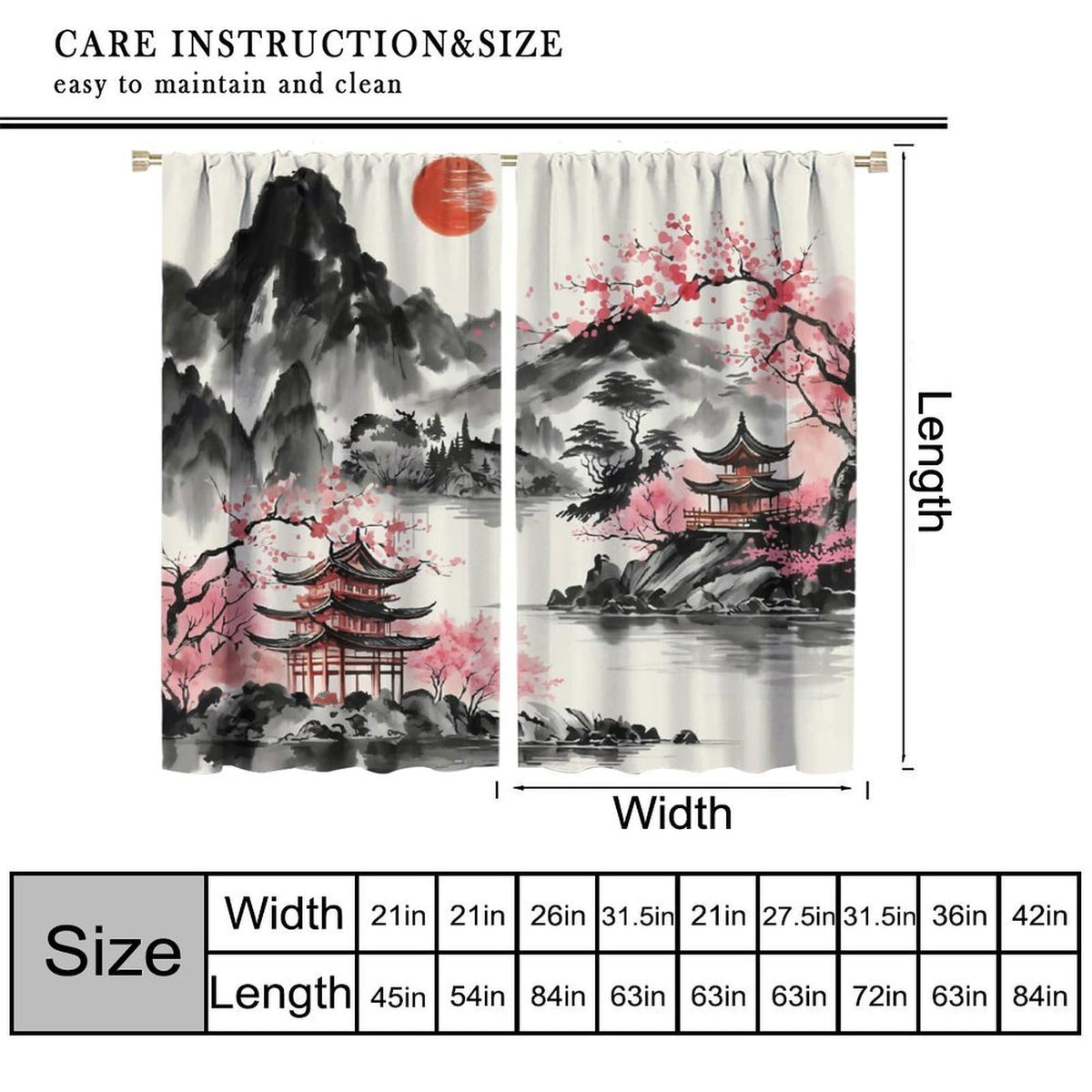 YSWOW Japanese Curtains, Asian Cherry Blossom Landscape Japanese Animation Art Printed Window Drapes for Bedroom Living Room Kitchen Decor Fabric 2 Panel 42x45 Inch 30% Shading Rate