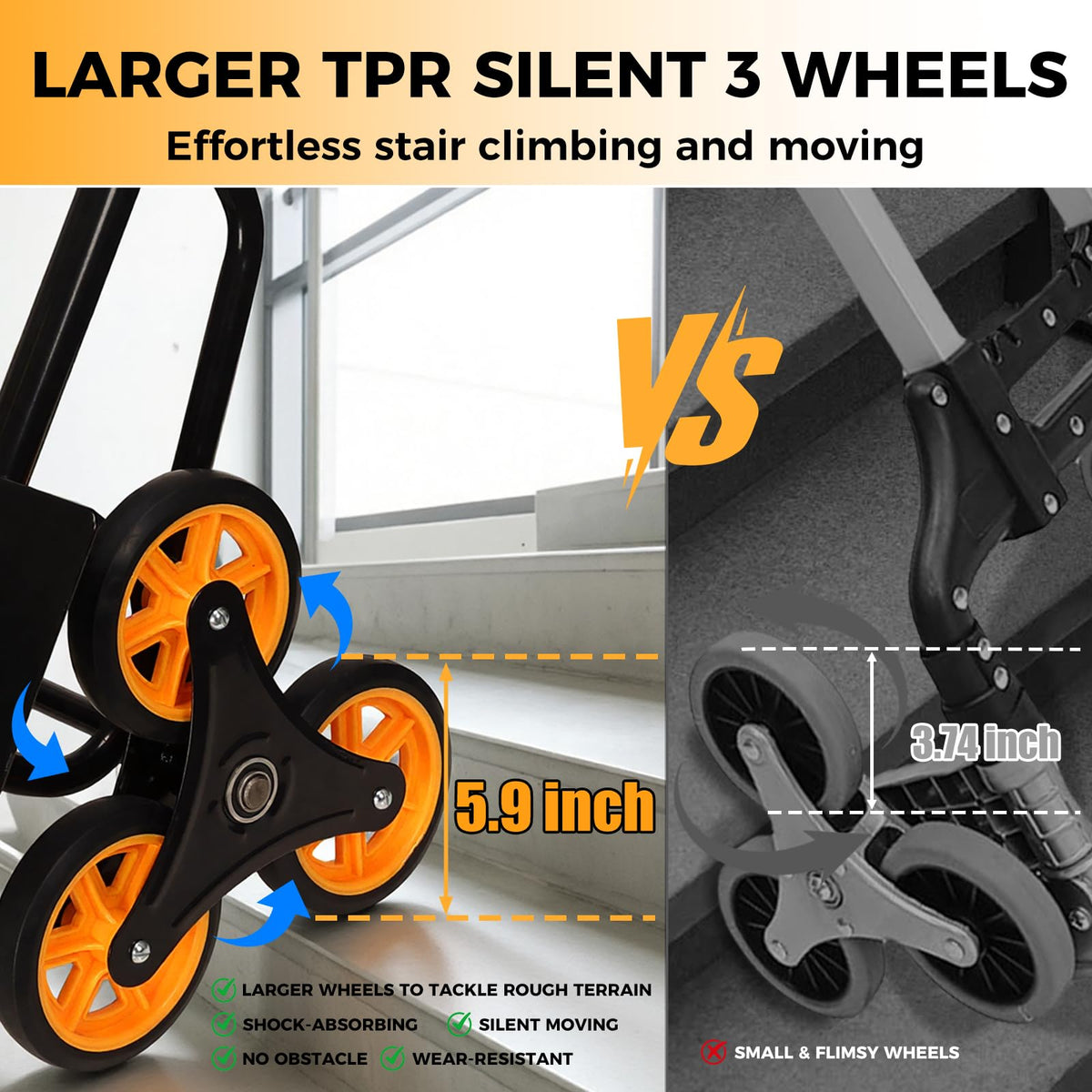 Stair Climbing Dolly - Heavy Duty Stairs Climber Hand Truck for Moving, 380LBS Capacity Folding Cart with 5.9" Triple Wheels, Adjustable Handle, Portable for Home Furniture Grocery Warehouse Office