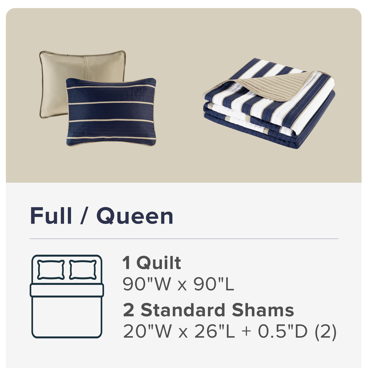 Comfort Spaces Quilt Set Trendy Casual Fun, Vibrant Color Design, Hypoallergenic All Season, Lightweight Coverlet Bedspread Cozy Kids Bedding & Sham Full/Queen Verone White Blue Stripe 3 Piece