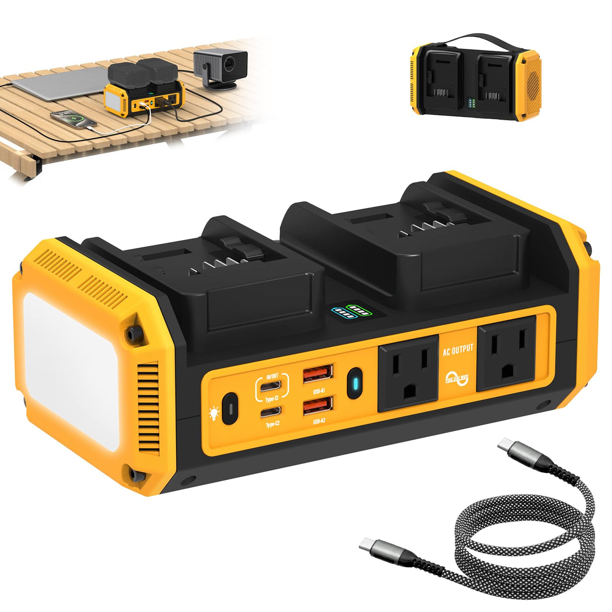 Kzreect 350W Pure Sine Wave Power Inverter Compatible with Dewalt 20V Batteries, Dual-Battery Auto-Switch, DC 20V to AC 120V, 140W USB-C PD, 600lm LED Light (Battery Not Included)