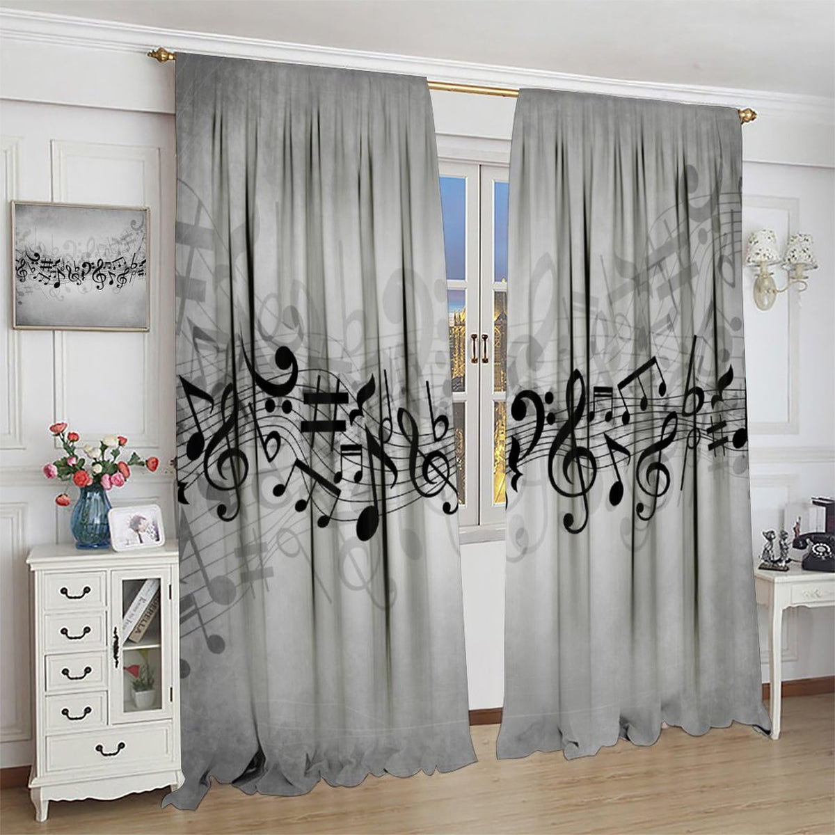 Djaby Music Notes Curtain, Musical Notes Rhythm of The Song Curtain Black and White Singing Clef Ornamental Window Treatments for Bedroom Living Room Home 42" W X 45" L(No Blackout)