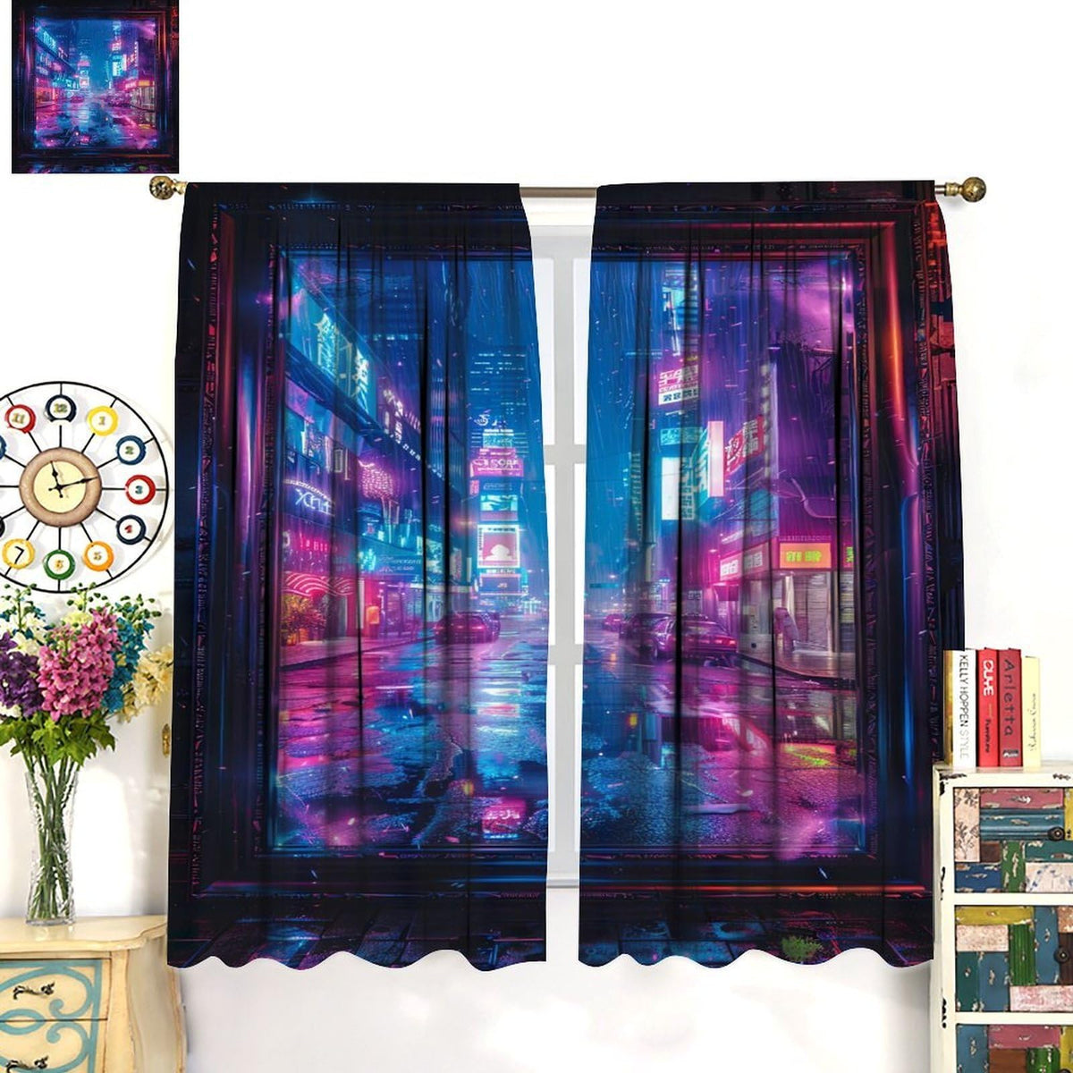 VUMIVI Cyberpunk Game Curtains Blue Futuristic Cityscape Skyscrapers Streets Car Wooden Frames Rod Pocket Window Treatments for Kids Boys Girls Gaming Bedroom Sci-Fi Tech Expo 42" W X 44.5" L