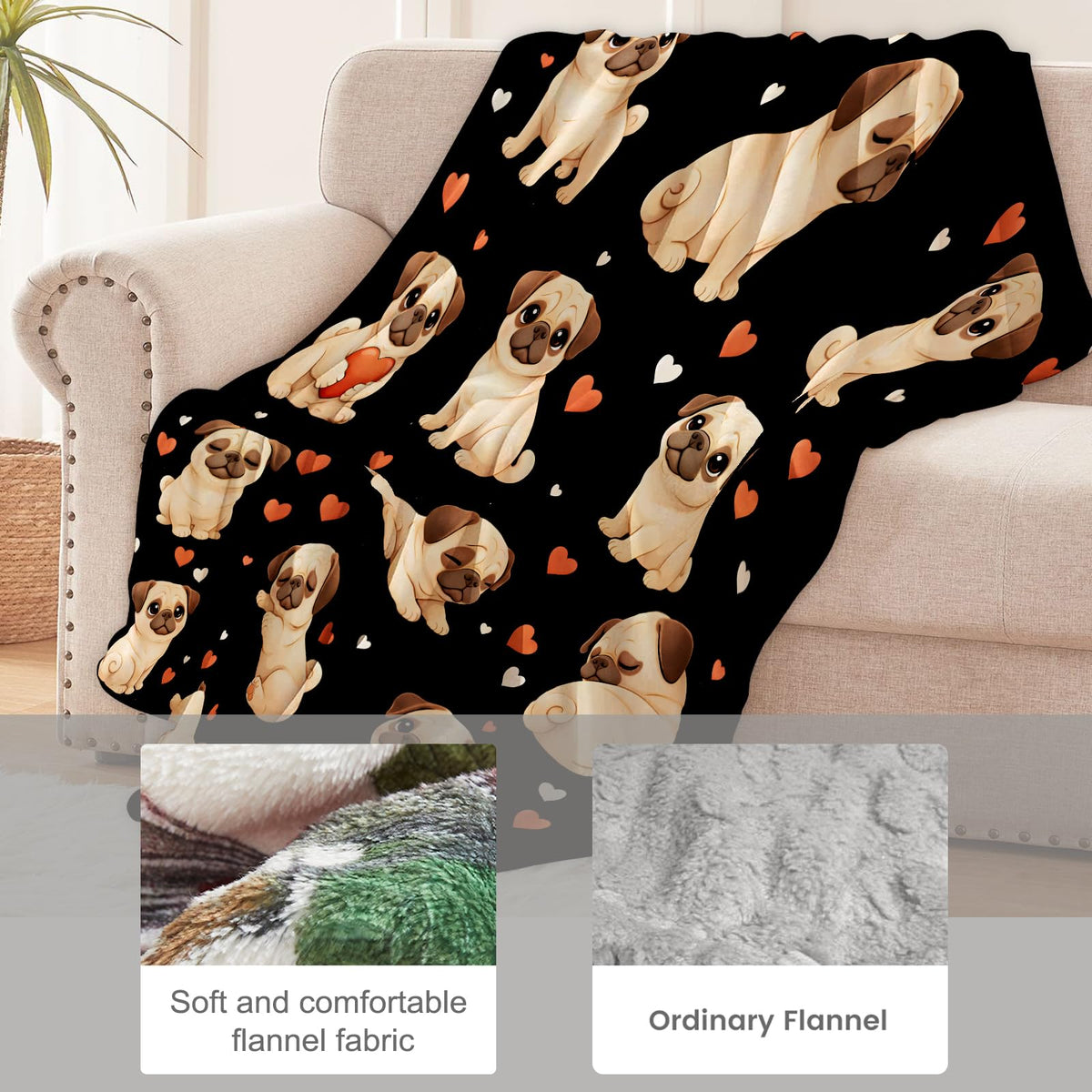 cromcu Cute Pug Blanket for Women Wife Girls, Adorable Dog Heart Flannel Blankets, Valentine Birthday Gifts, Black Soft Warm Cozy Throws for Sofa Couch Bed Living Room Bedroom Home Decor 60" x 50"