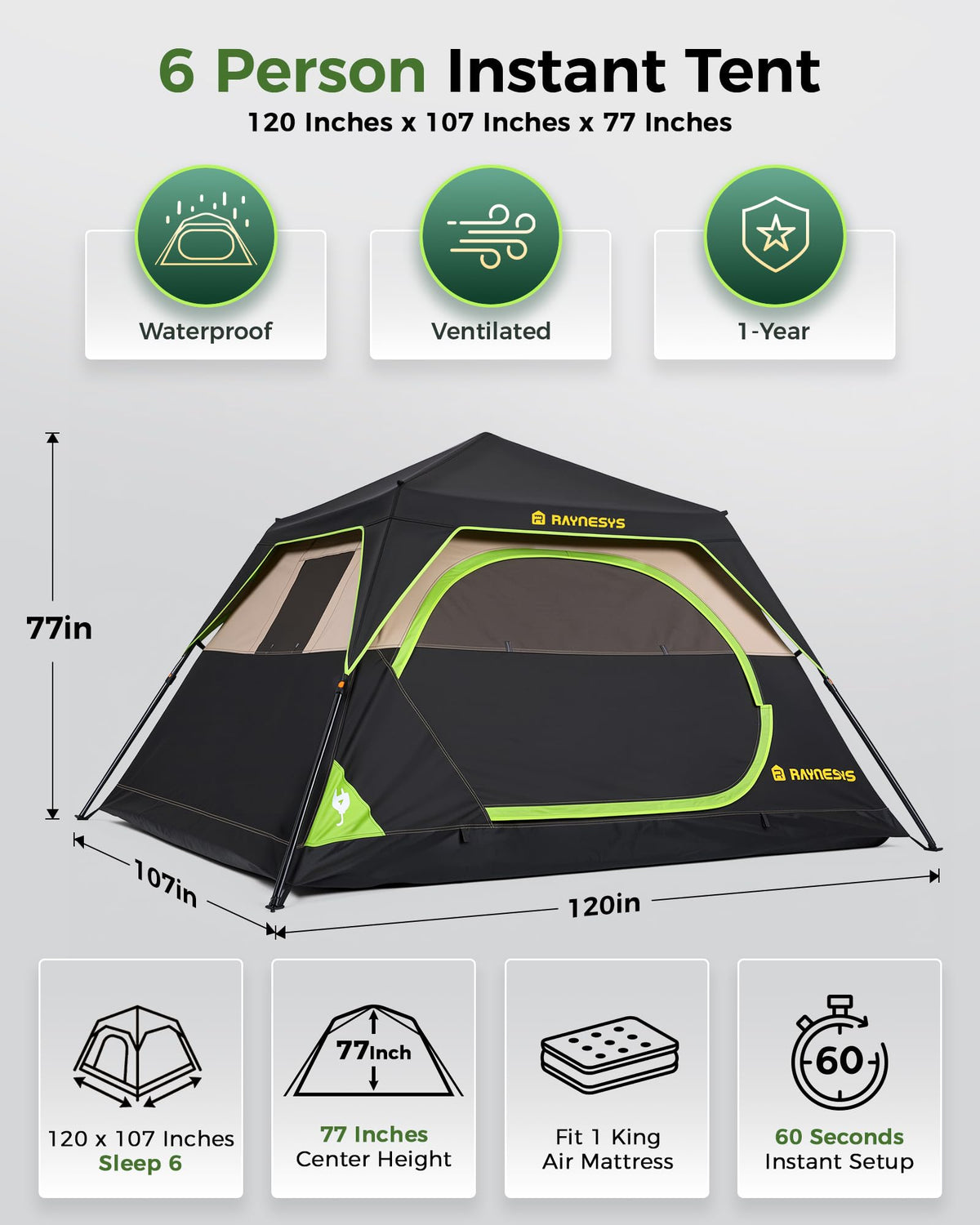 6 Person Instant Tent, Camping Tent Setup in 60 Seconds, Waterproof Pop Up Tents for Camping with Top Rainfly, Instant Cabin Tents with Portable Carry Bag for Family Camp & Hiking, Black + Brown