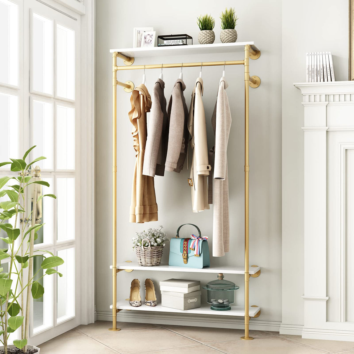 Smlttel Gold Wall Clothing Racks with White Shelves, Wall Mounted Gold Clothes Rack for Hanging Rods，Heavy Duty Industrial Pipe Clothing Racks With Shelves Retail Display Garment Rack for Home
