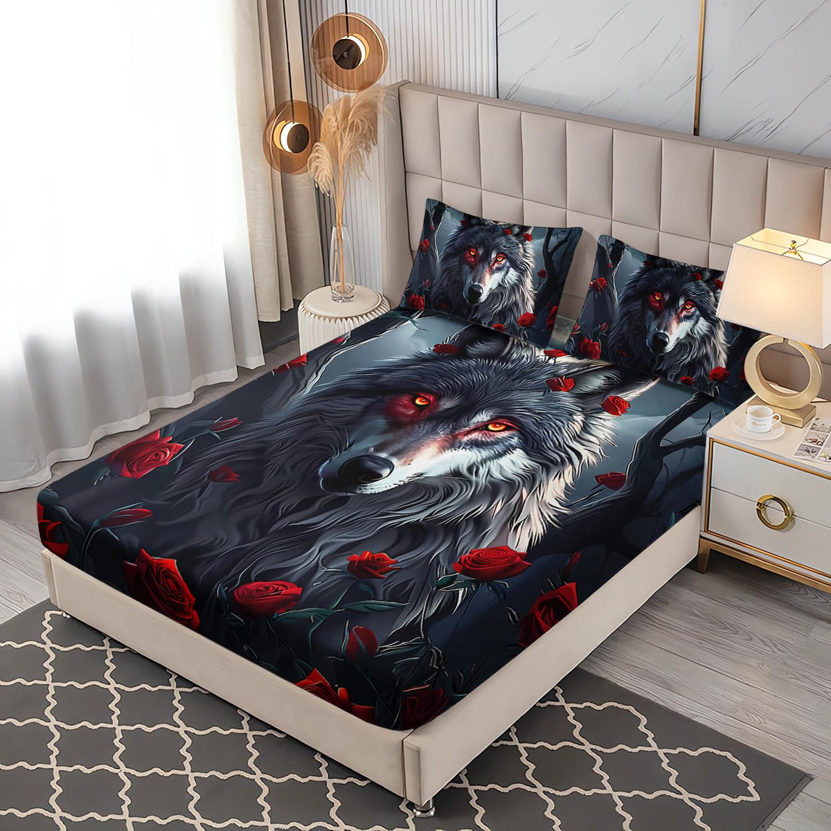 UEVBF Wolf Bedding Fitted Sheet Sets Twin Size,Moon Night Forest Floral Printed Bedding Set for Kids Girls Boys Room Decor,Western Animal Themed Bedding Sets,1 Fitted Sheet+2 Pillowcases.