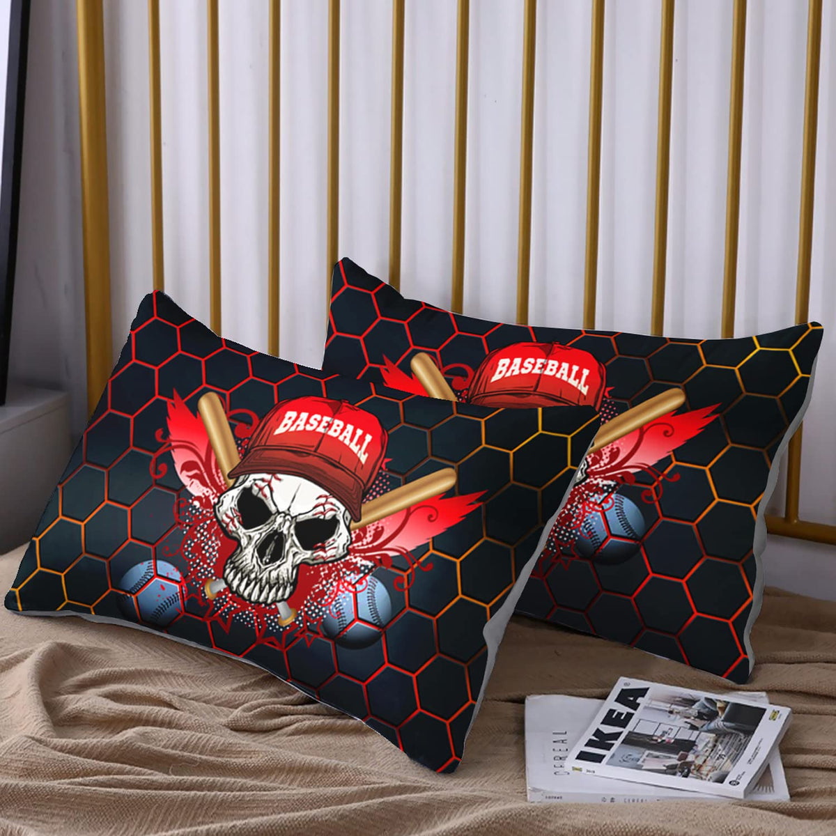 HOSIMA Black Baseball Bedding Set,Boys Cool 3D Print Designs Gothic Skull Fitted Sheet, Sports Bedspread Bedroom Collection 3Pcs with 2 Pillowcases,Cool Baseball Fitted Sheet Full Size for Boys.