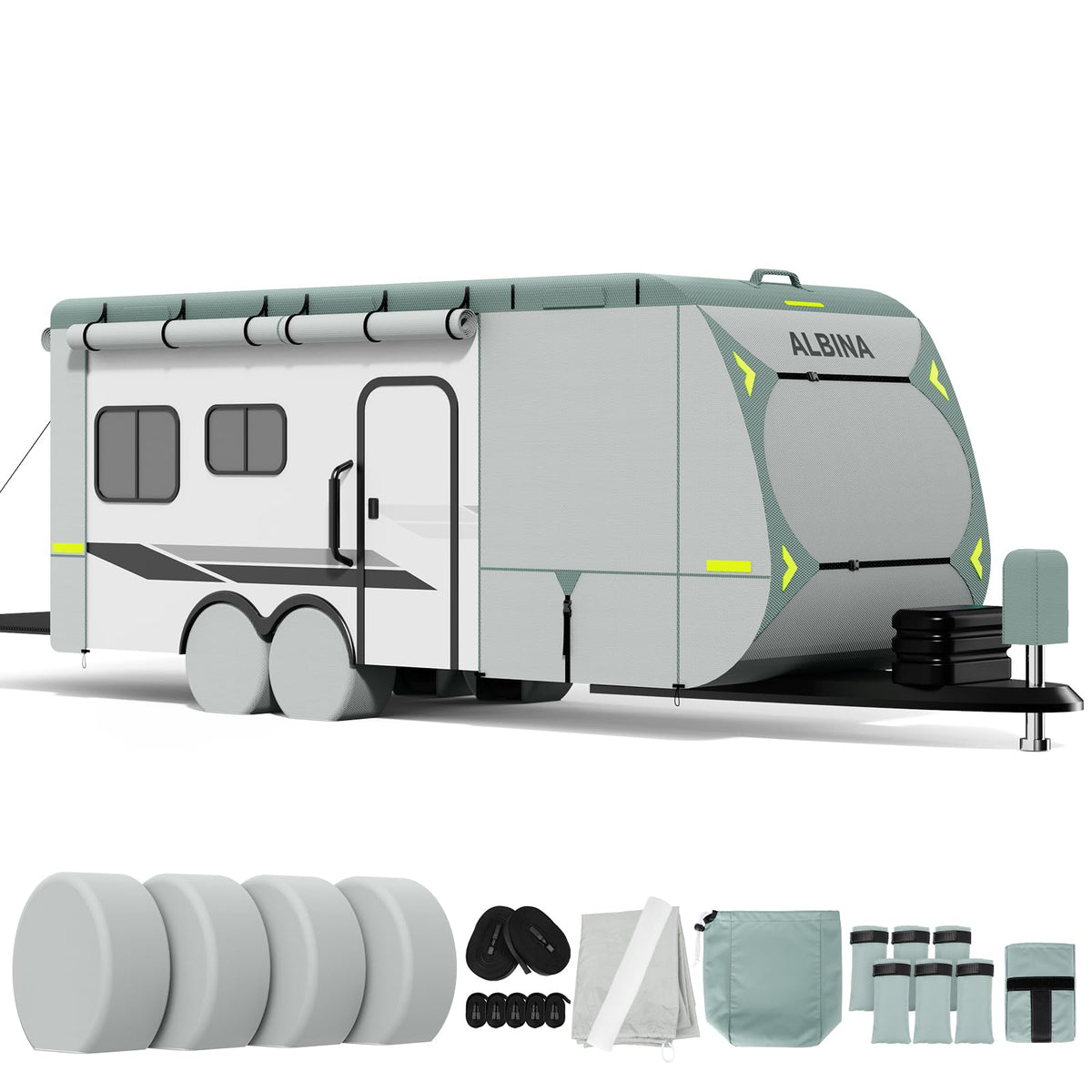 ALBINA 300D Oxford Travel Trailer RV Cover, 22-24" Waterproof Tearproof Windproof Camper for Winter Snow With Zipper Door, Jack Cover, 4 Tire Covers and Wind Protector Straps