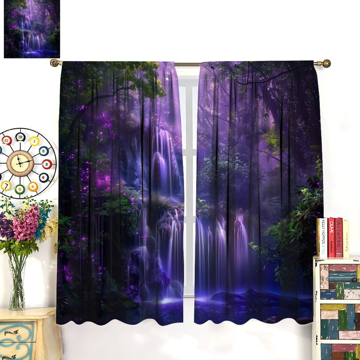 HZOHNAGO Enchanted Forest Curtains Fantasy Nature Purple Forests Waterfall Blackout Print Rod Pocket Window Drapes for Bedroom Living Room 42x45in