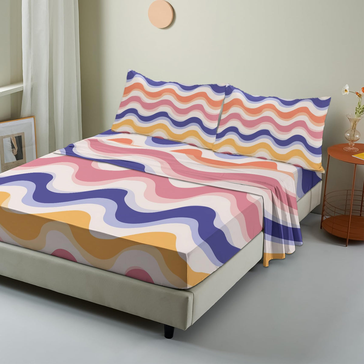 NOGAWA 70s Retro Sheets King, Abstract Waves Bed Sheets, Colorful Bedding Sheets, Soft Microfiber Deep Pocket Fitted Sheet, Flat Sheet, 2 Pillowcases