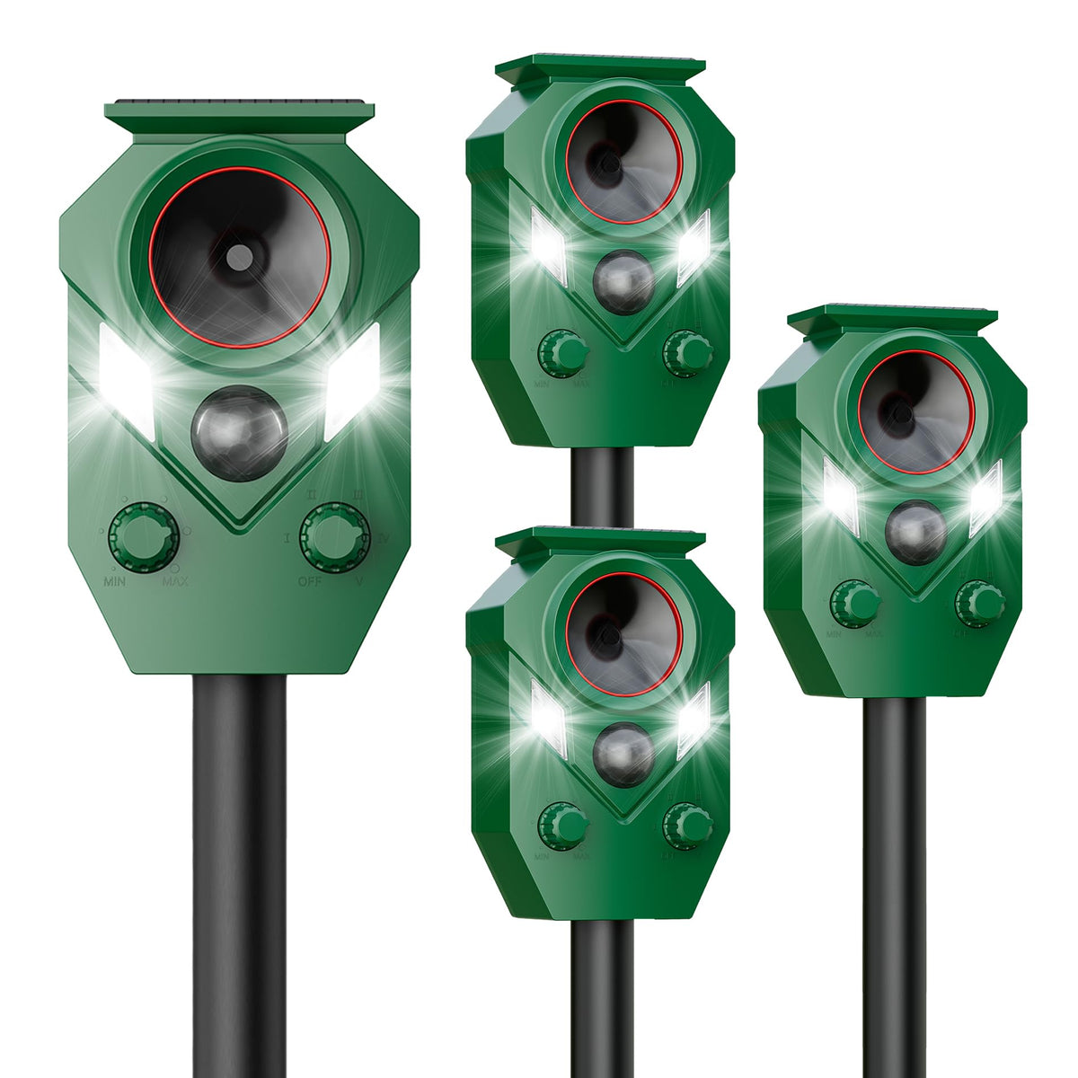 4 Pack Solar Deer Repellent Devices with Motion Sensor & LED Lights, Waterproof Cat Repellent Outdoor, Ultrasonic Animal Repeller Repels Dog, Raccoon, Skunk, Coyote for Garden, Yard & Lawn
