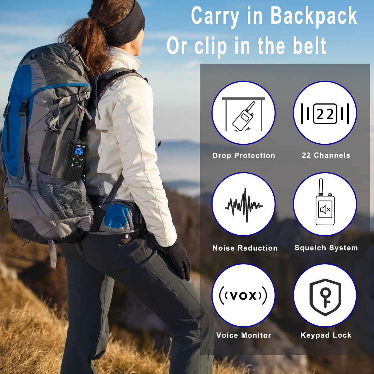 4 Long Range Walkie Talkies Rechargeable for Adults SAMCOM NOAA 2 Way Radios Walkie Talkies- FRS Two Way Radios with Earpiece Group Call Flashlight VOX SCAN NOAA Weather Alert and USB Charger Battery