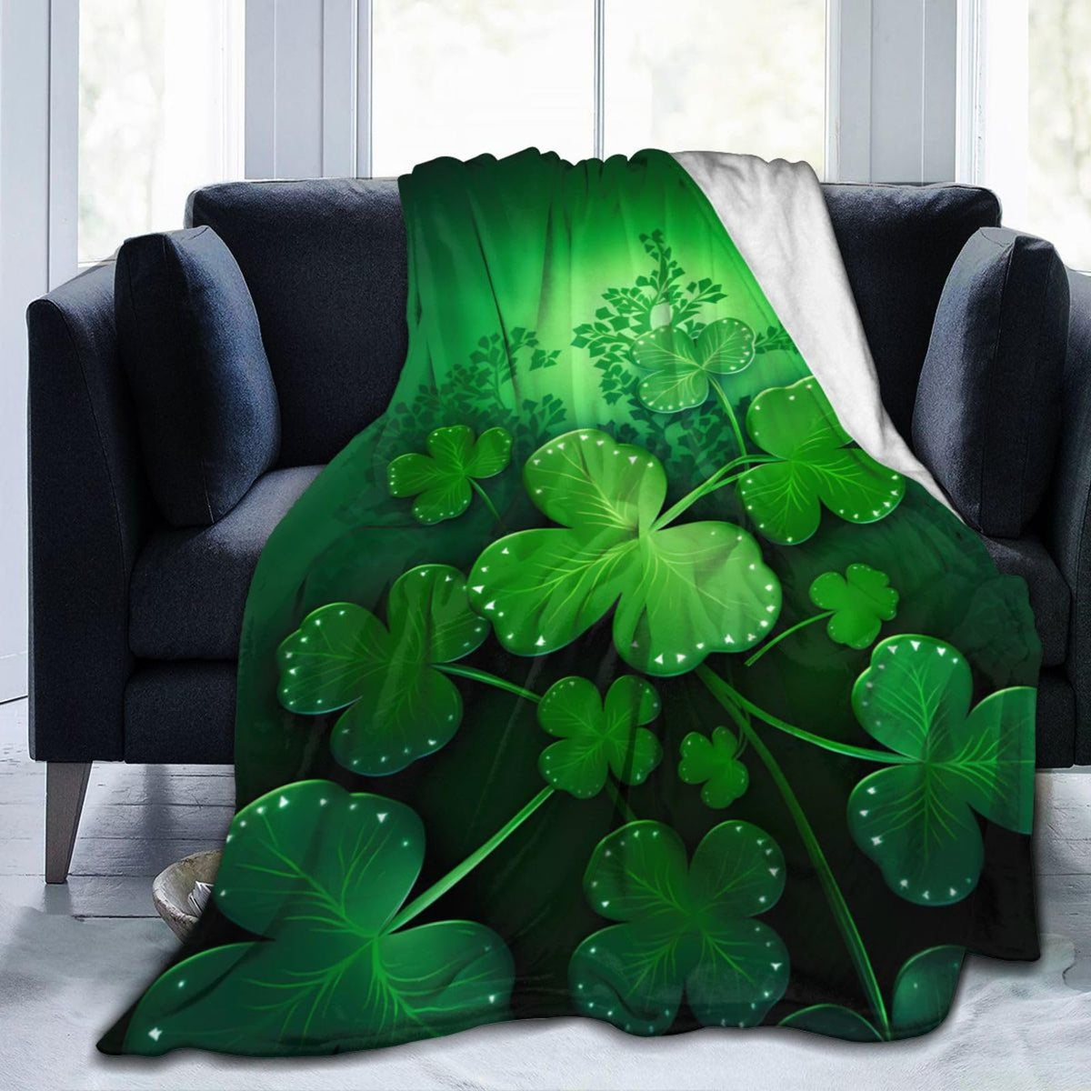 Dewoofly Green Clover Leaves Washable Fleece Throw Blankets, Saint Patricks Day Blanket for Bed Couch Sofa, All Seasons Home Camper Travel 60"x50"