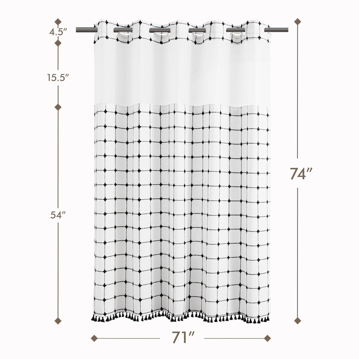 ROSERY No Hook Shower Curtain with Snap in Fabric Liner Set, Boho Farmhouse Black and White Woven Jacquard Grid Shower Curtain for Bathroom with Tassel, Checkered Pattern, 71" W x 74" L