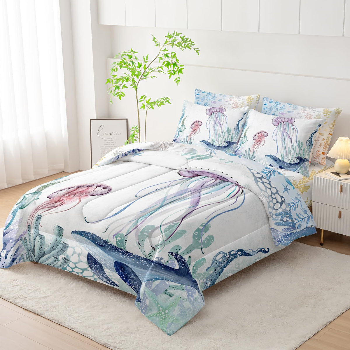 AILONEN Blue Jellyfish Kids Comforter Set Twin Size,7-Piece Soft Bed in a Bag, Teal Blue Ocean Beach Coastal Comforter & Fitted Sheet & Flat Sheet & 2 Pillowcases,2 Pillow Shams