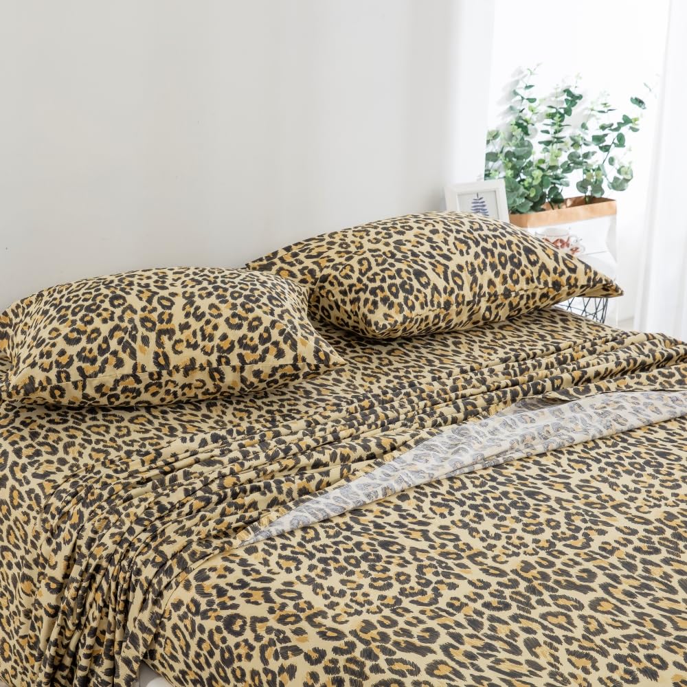 DAUAOTO King Size Printed Sheets Set, 100% Cotton Bedding Sets, Up to 14" Deep Mattress, Modern Pattern Bedlinen Set, Leopard Yellow