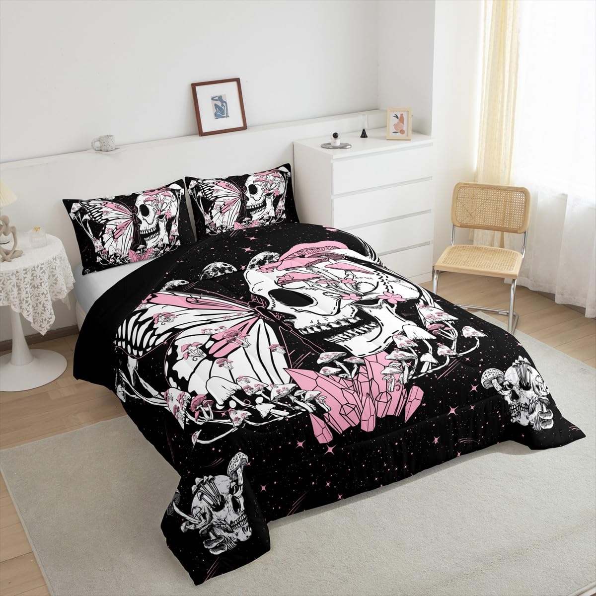 Butterfly Skull Comforter Set Queen Size Pink Mushroom Quilted Duvet Gothic Starry Galaxy Moon Bedding Set 3pcs for Kids Teens Girls Boys Bedroom Decor Trippy Plants Duvet Insert,2 Pillowcases