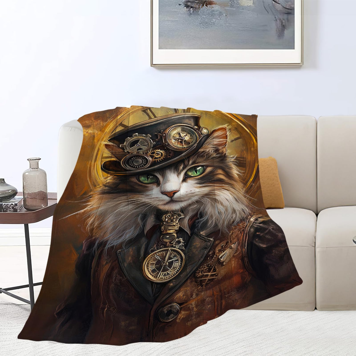 Cat Blanket, Steampunk Throw Blanket, Cats Gifts, Steampunk Blankets, Cats Stuff Fleece Flannel Plush for Women Men Boys Girls Lovers Adults Soft Bedding for Sofa Bed Office Home Decor 40"X50"