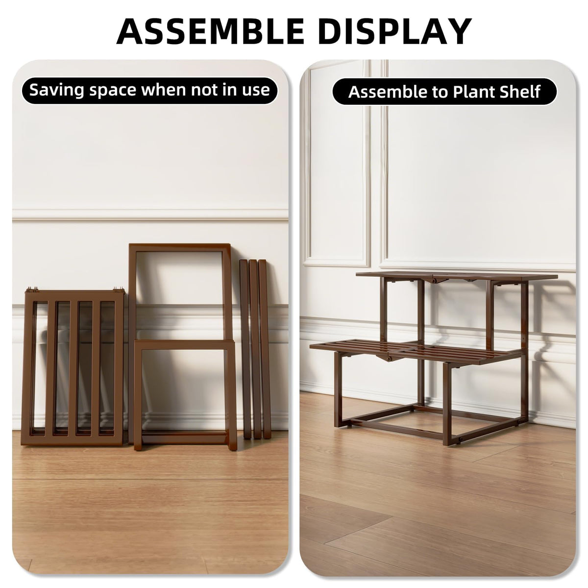 Rioneta Plant Stand Indoor Outdoor, Foldable Metal Plant Shelf for Multiple Pots, Mid Century Slatted Bench for Patio Garden, Heavy Duty Capacity 330 lbs 2 Tier Coffee