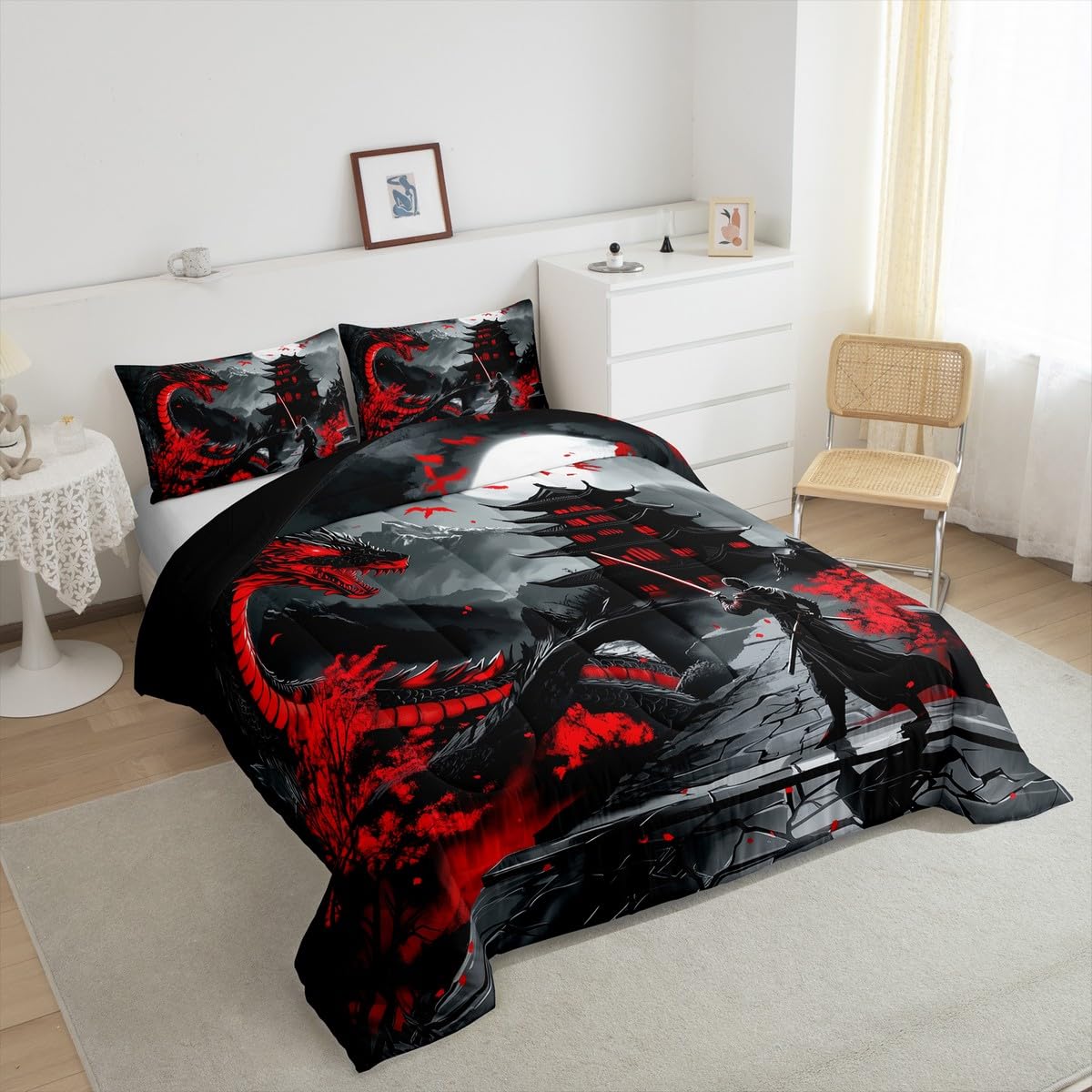 Erosebridal Dragon Bedding Set Queen Size, Japanese Style Comforter Set for Teens Youth Adult Men Room, Ancient Animal Quilt, Retro Wildlife Ukiyo-E Down Comforter, Black Grey Red