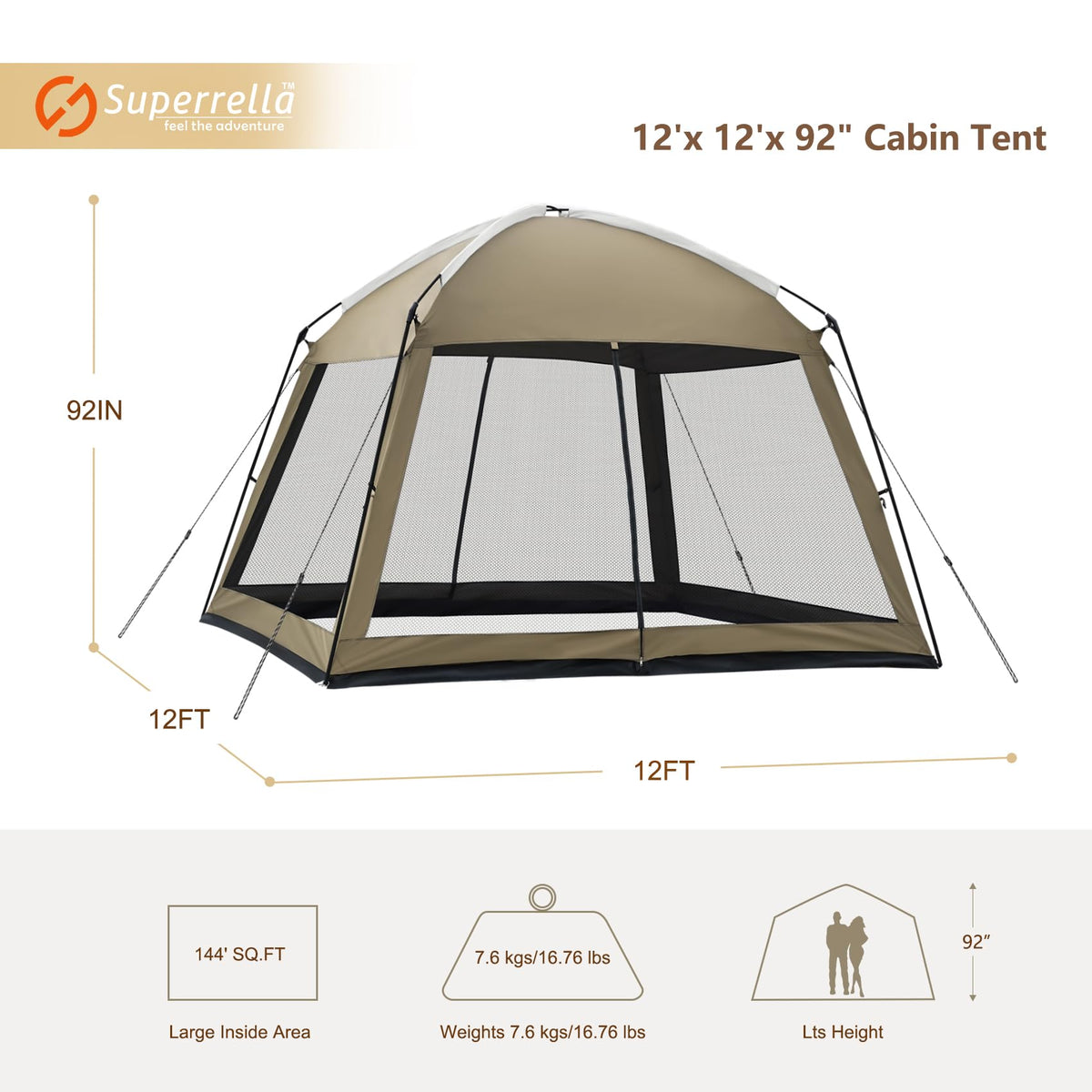 Superrella 12 x 12 FT Camping Screen Tent for 8-10 Person, Easy Setup Screen House with UV 50+ Sun Protection & Mosquito Net for Camping, Backyard, Picnic, Patio, Outdoor, Kakhi