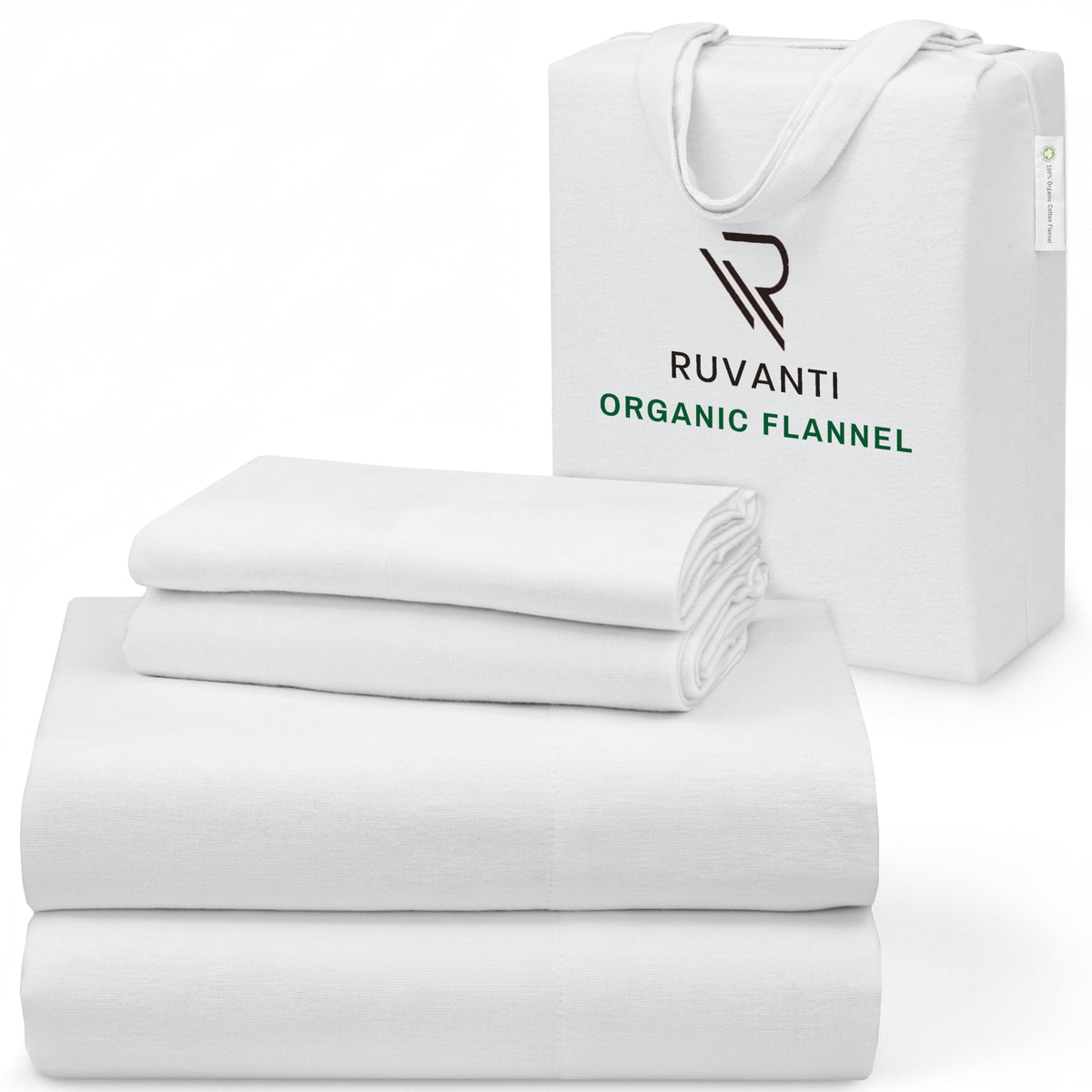 RUVANTI Flannel Sheets Queen Size - GOTS Certified 100% Organic Cotton, 4 Piece Warm, Soft & Breathable Set, Deep Pocket Snug Fit, Double Brushed Cozy All Season Bedding, Pure White