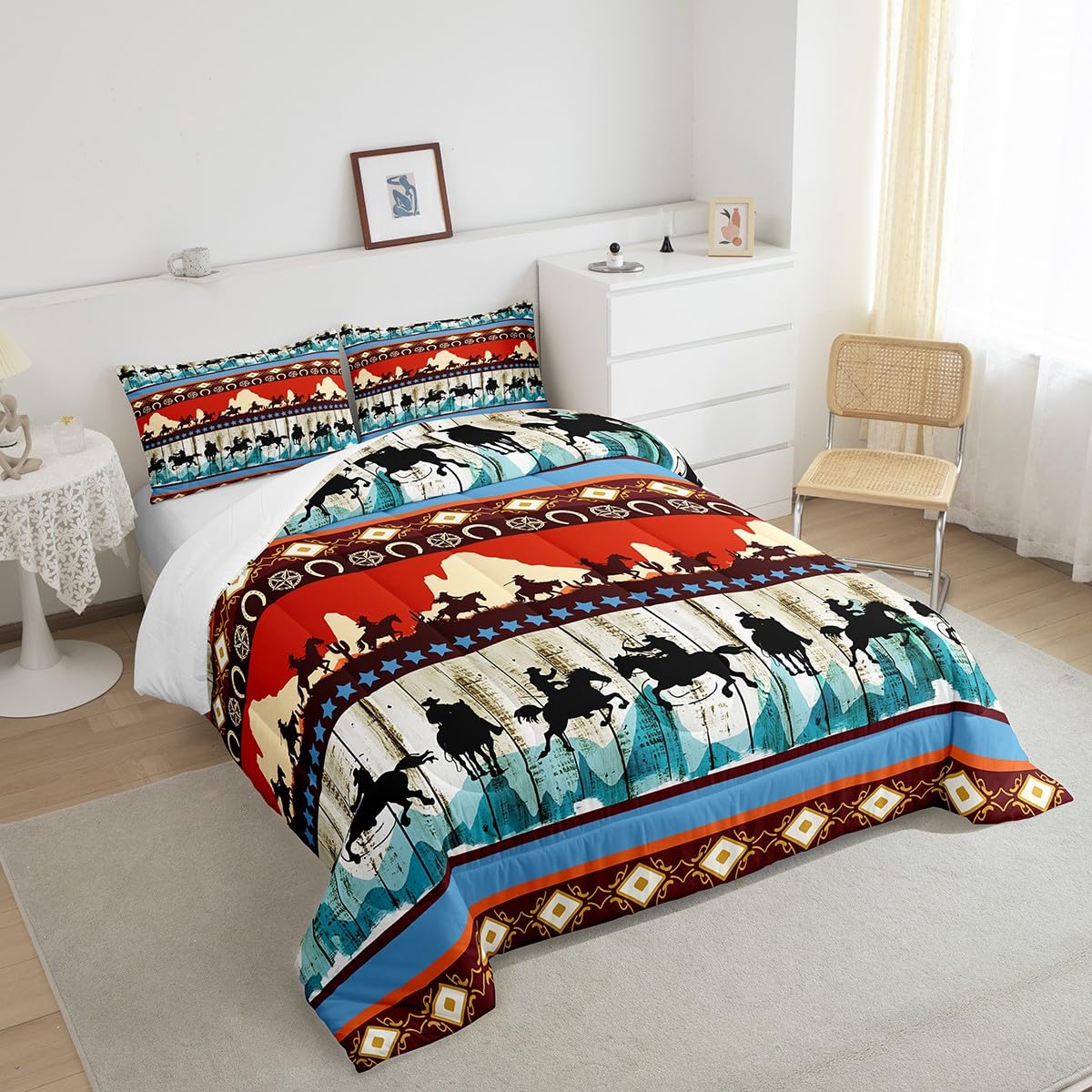 Feelyou Kids Twin Aztec Red Comforter Twin Size, Southwestern Cowboys Comforter Set for Boys Girls Horse Bedding Set Boho Tribal Duvet Set Microfiber Bed Set