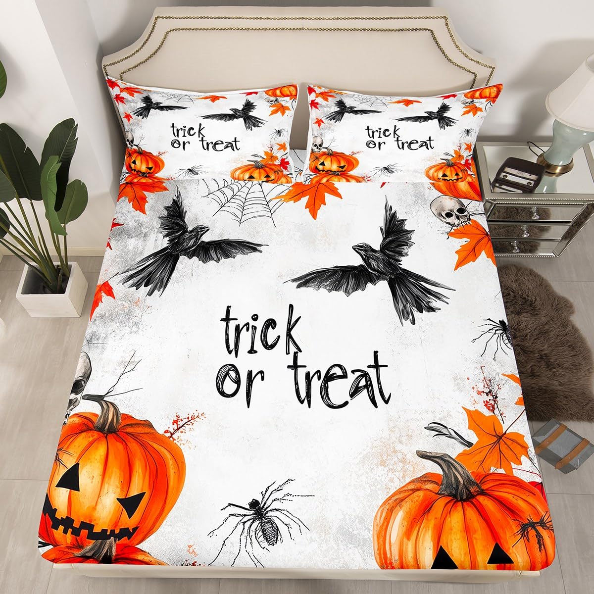 Feelyou Kids Halloween Bed Sheets Set Full Size, Pumpkin Sheet Set Boys Girls Trick or Treat Bedding Set Spider Web Teens Bedroom Decor Soft Bed Set 4Pcs