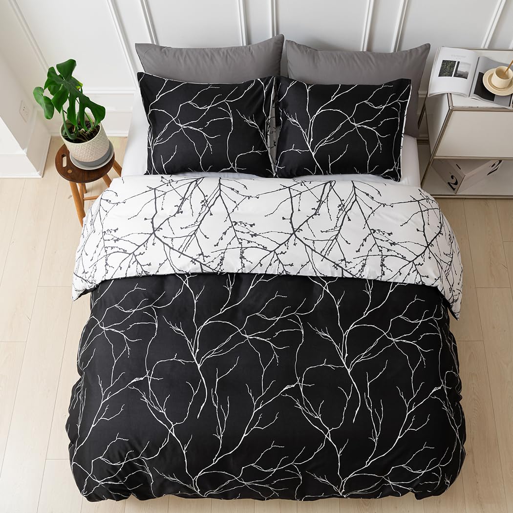 Lekesky Reversible Duvet Cover Queen Size, Black Branch Comforter Cover Queen 3pcs Microfiber Botanical Bedding Set with Zipper Closure Corner Ties