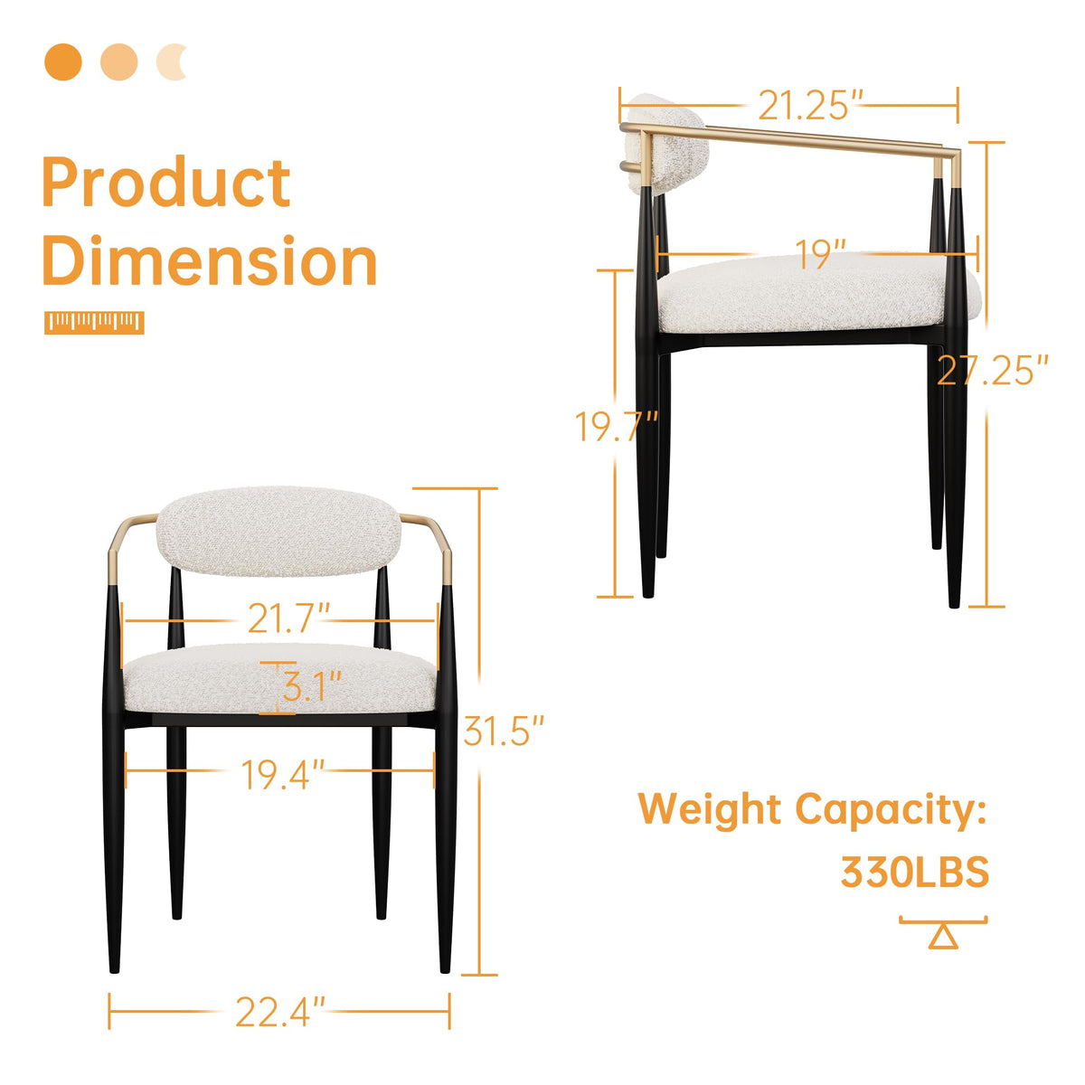 Morden Fort Modern Dining Chairs Set of 2, Cream Boucle Dining Chairs with Upholstered Cushions and Gold Arms for Kitchen, Living Room and Apartment