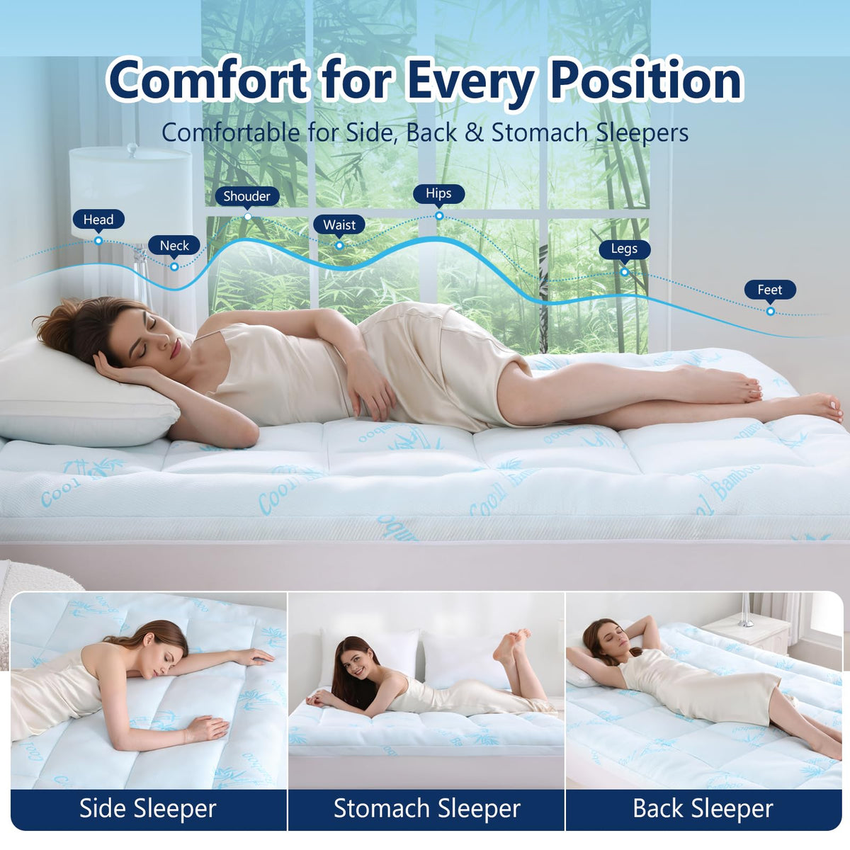 DOWNCOOL 100% Waterproof Full Size Mattress Topper, Cooling Pillow Top Memory Foam Mattress Topper for Hot Sleepers, Viscose Derived from Bamboo, Deep Pocket Fits 8-21 Inch